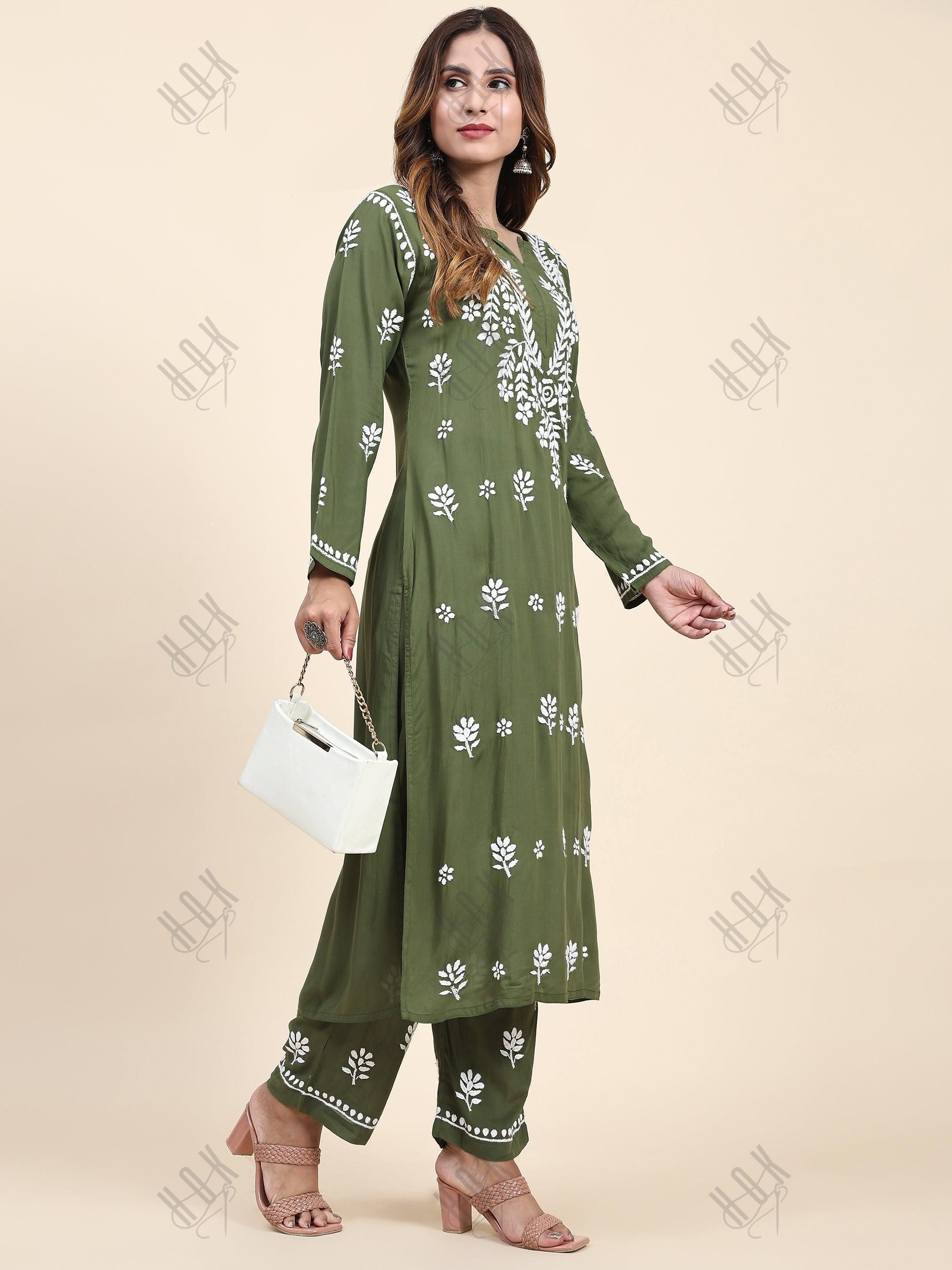 Tarika in Fizaa Chikankari Long Modal Kurta Set - Bottle Green - House Of Kari (Chikankari Clothing)