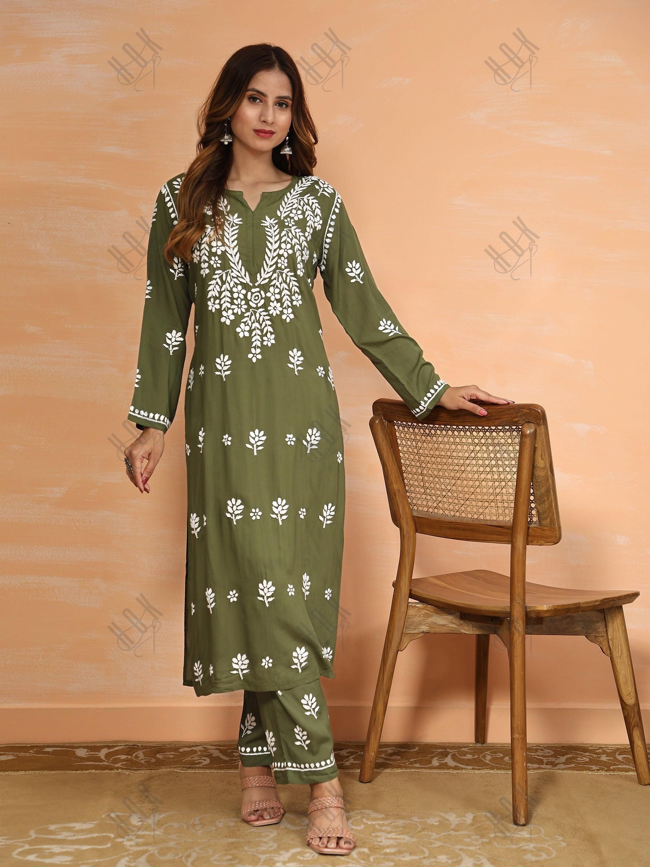 Tarika in Fizaa Chikankari Long Modal Kurta Set - Bottle Green - House Of Kari (Chikankari Clothing)