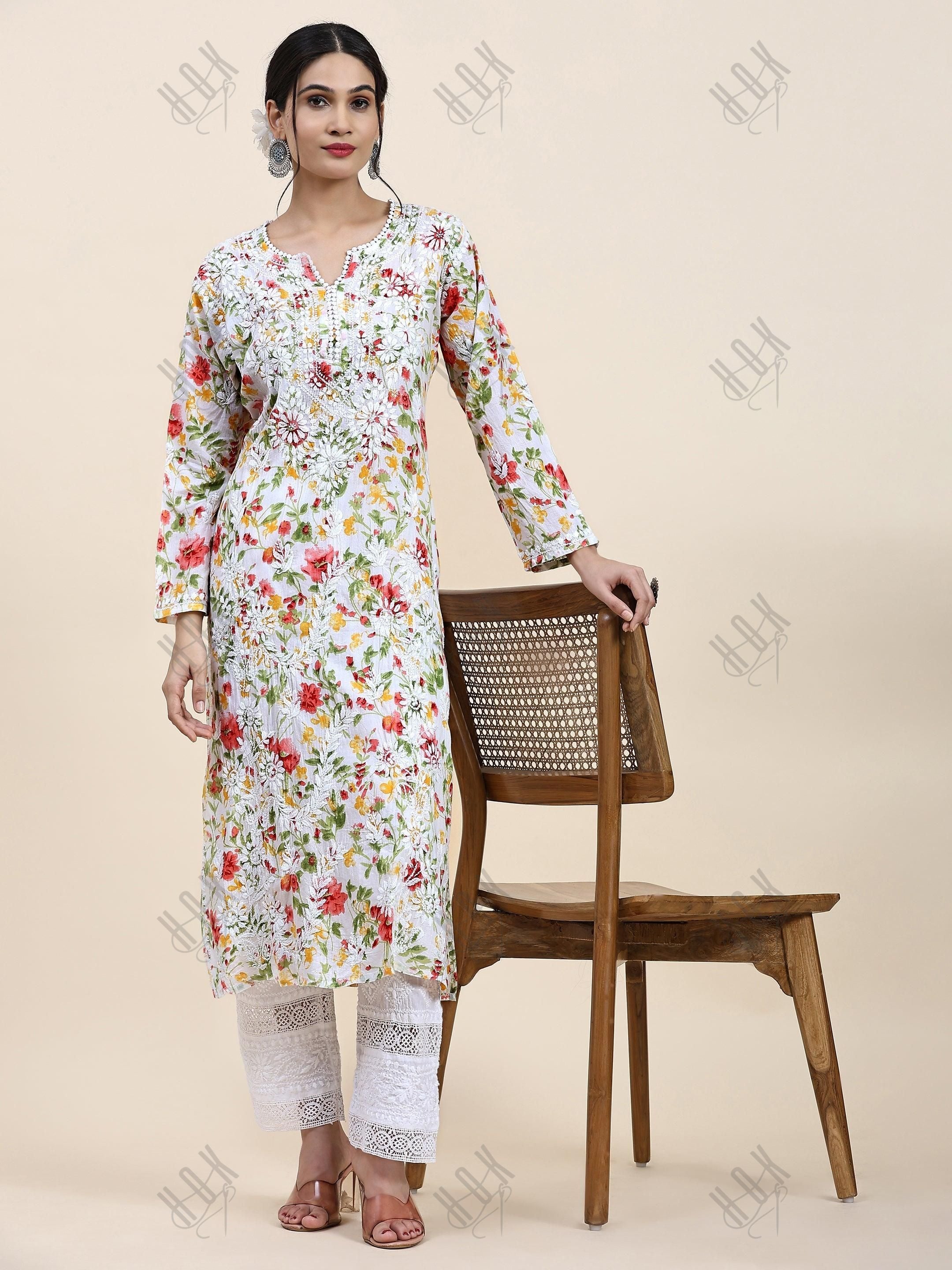 Ishita Chikankari Long Kurta in Mul Cotton for Women - Pink with Green Flower - House Of Kari (Chikankari Clothing)