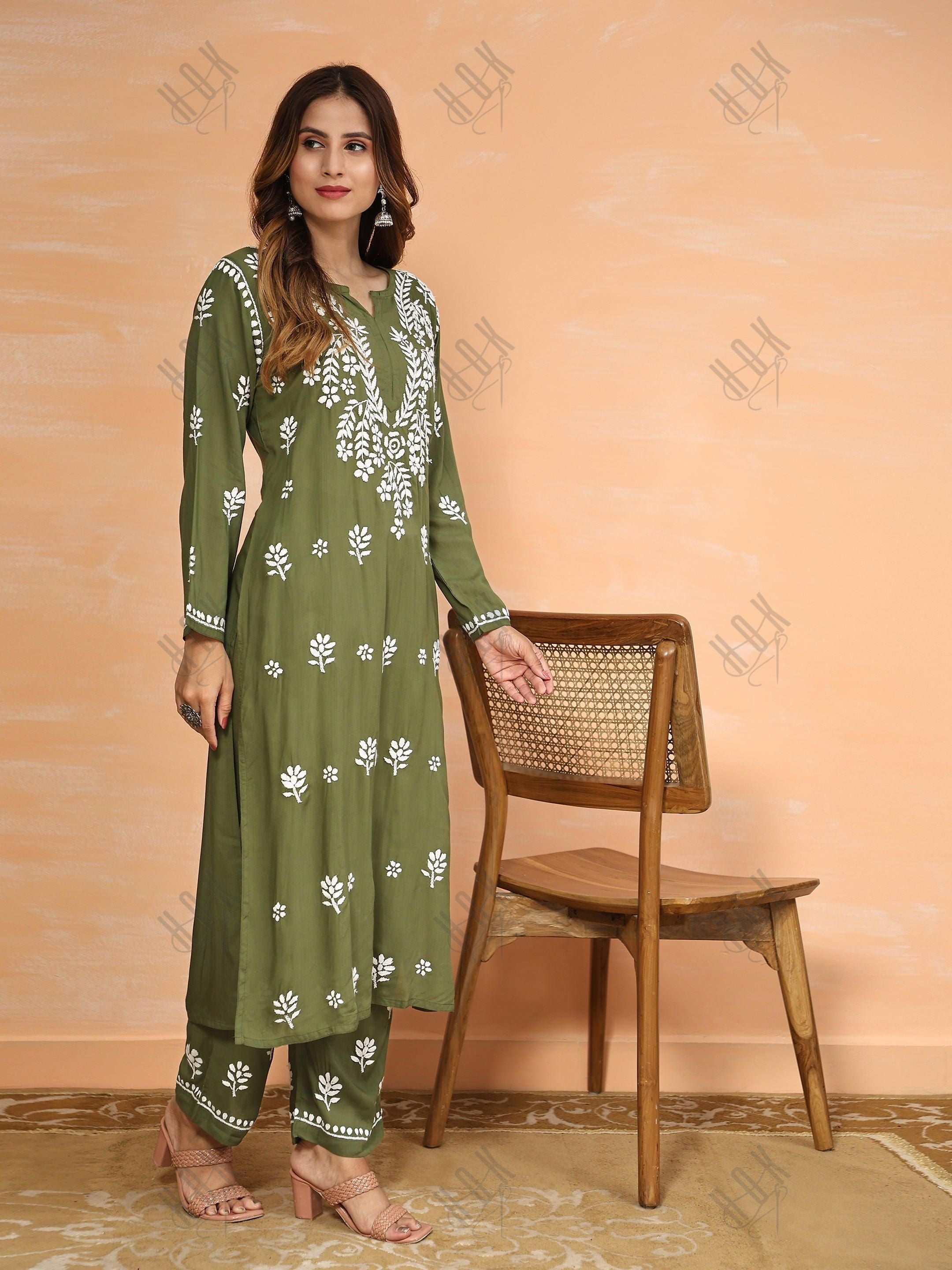 Tarika in Fizaa Chikankari Long Modal Kurta Set - Bottle Green - House Of Kari (Chikankari Clothing)