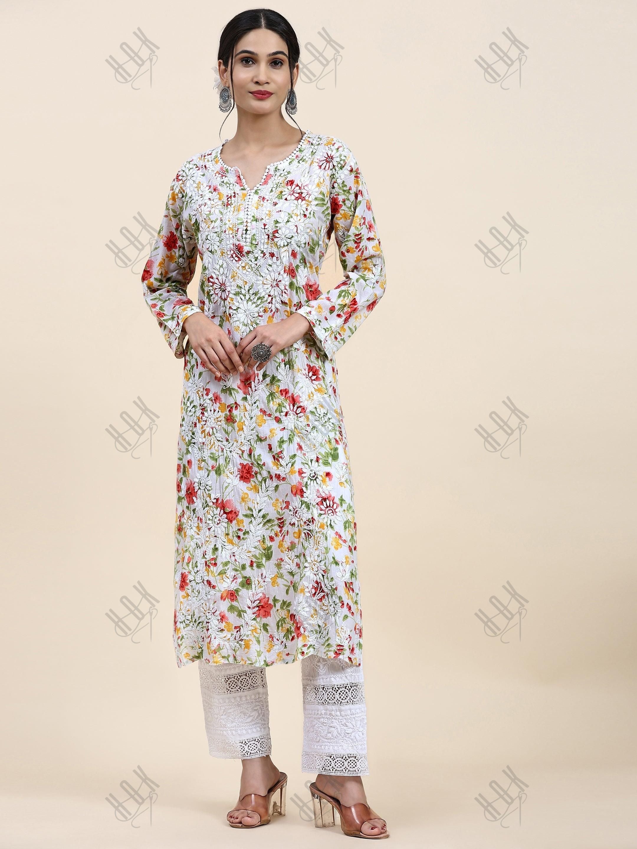 Ishita Chikankari Long Kurta in Mul Cotton for Women - Pink with Green Flower - House Of Kari (Chikankari Clothing)