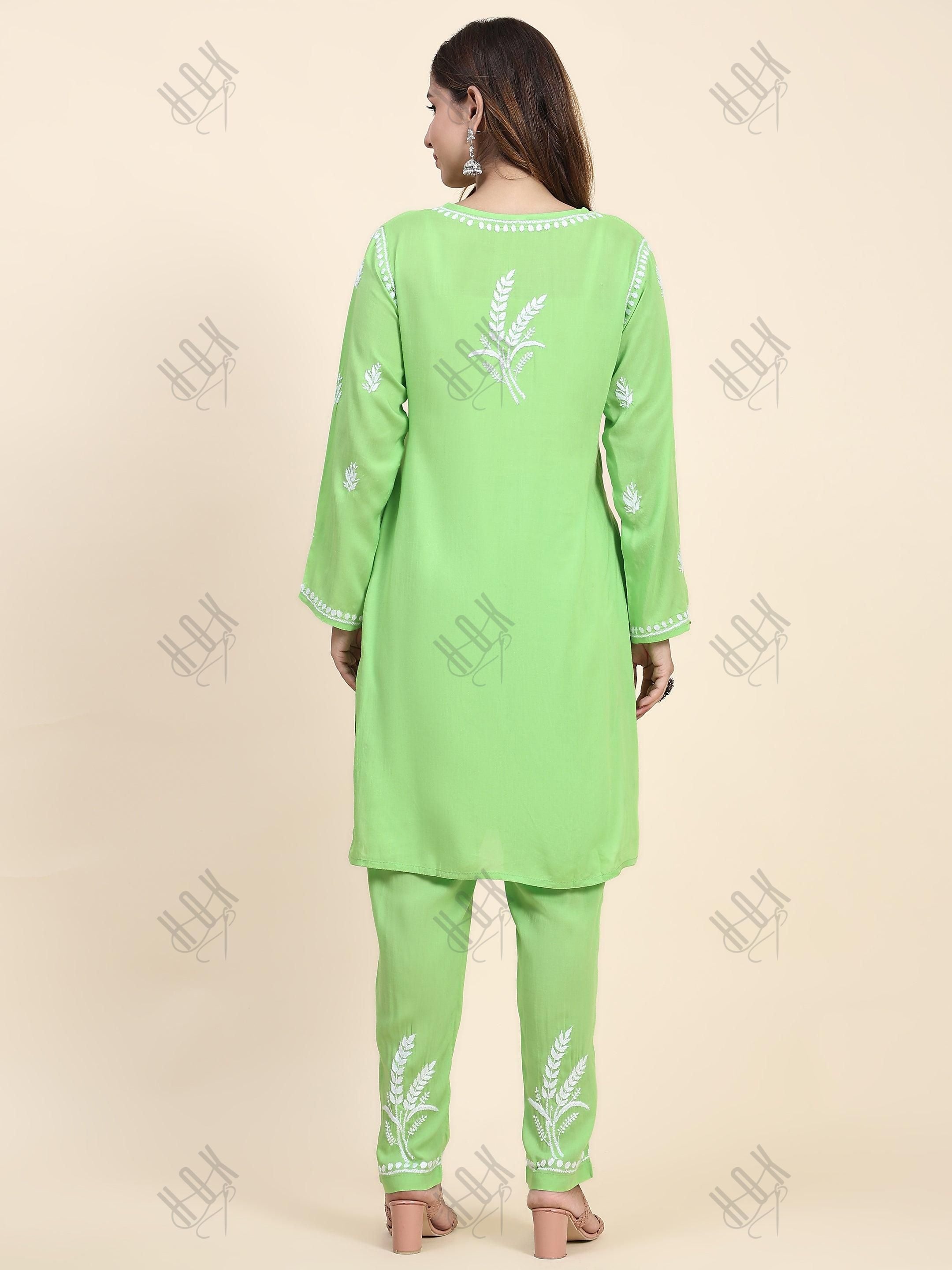 Fizaa Chikankari Short Modal Kurta Set - Green - House Of Kari (Chikankari Clothing)