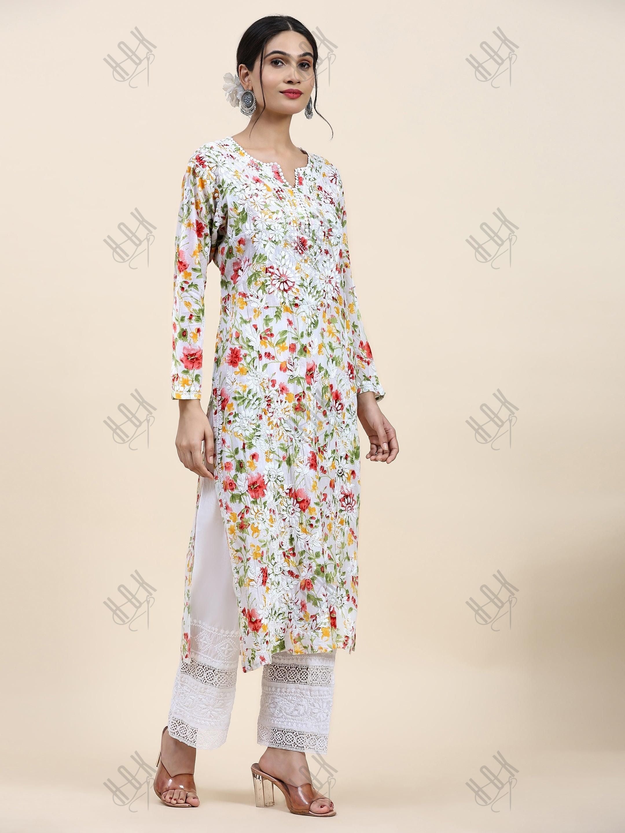 Ishita Chikankari Long Kurta in Mul Cotton for Women - Pink with Green Flower - House Of Kari (Chikankari Clothing)