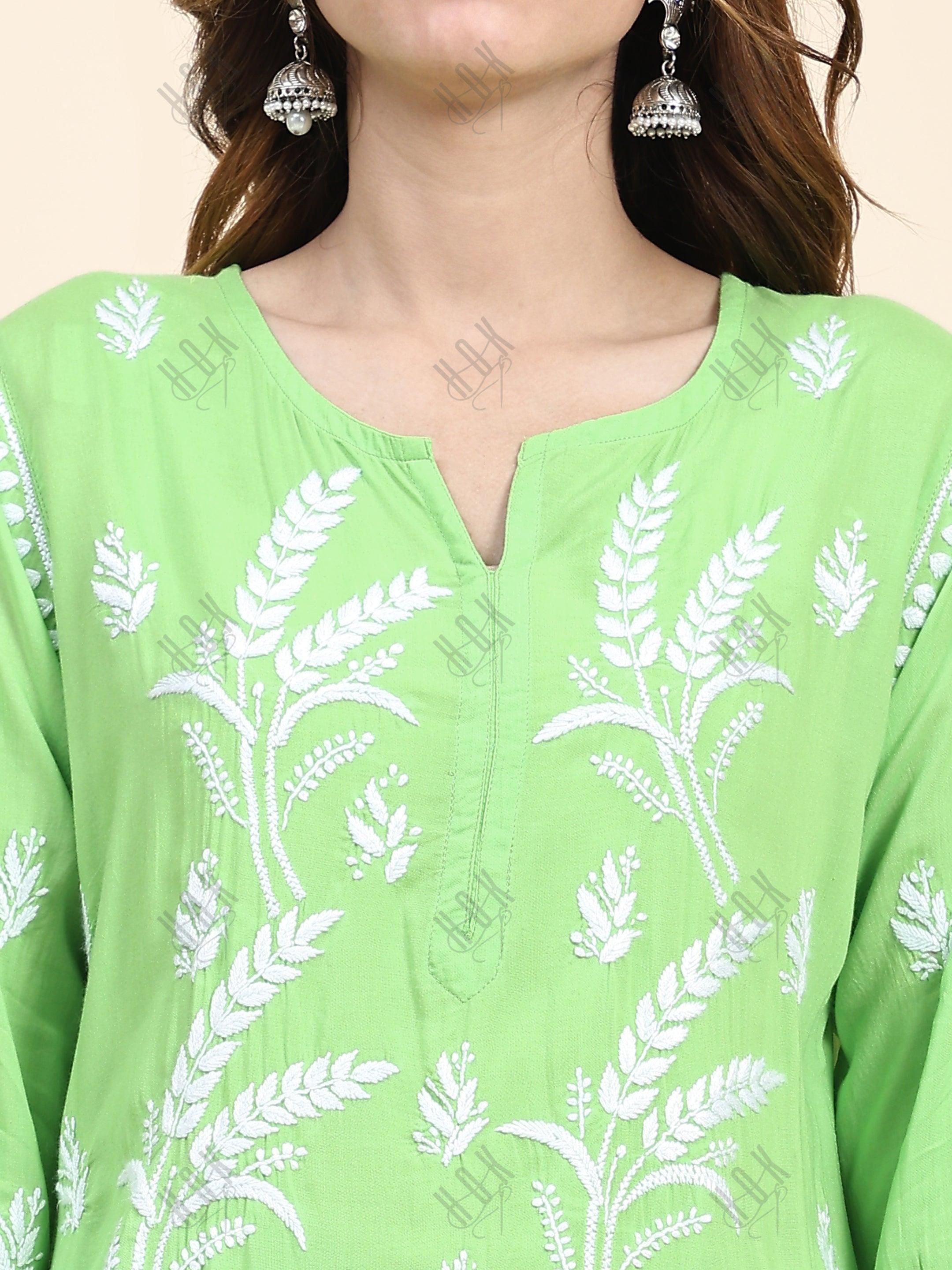 Miesha in Chikankari Short Modal Kurta Set - Green - House Of Kari (Chikankari Clothing)