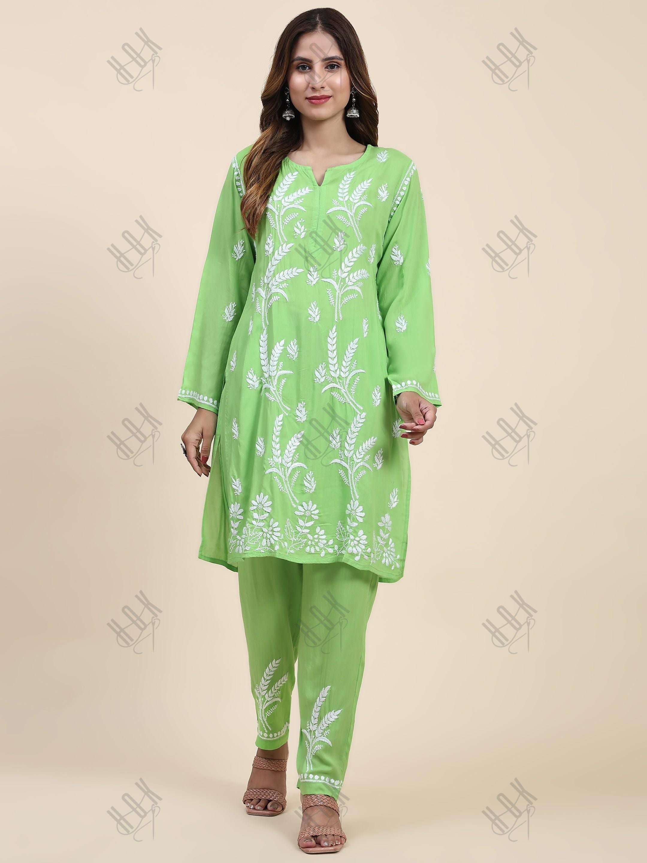 Fizaa Chikankari Short Modal Kurta Set - Green - House Of Kari (Chikankari Clothing)