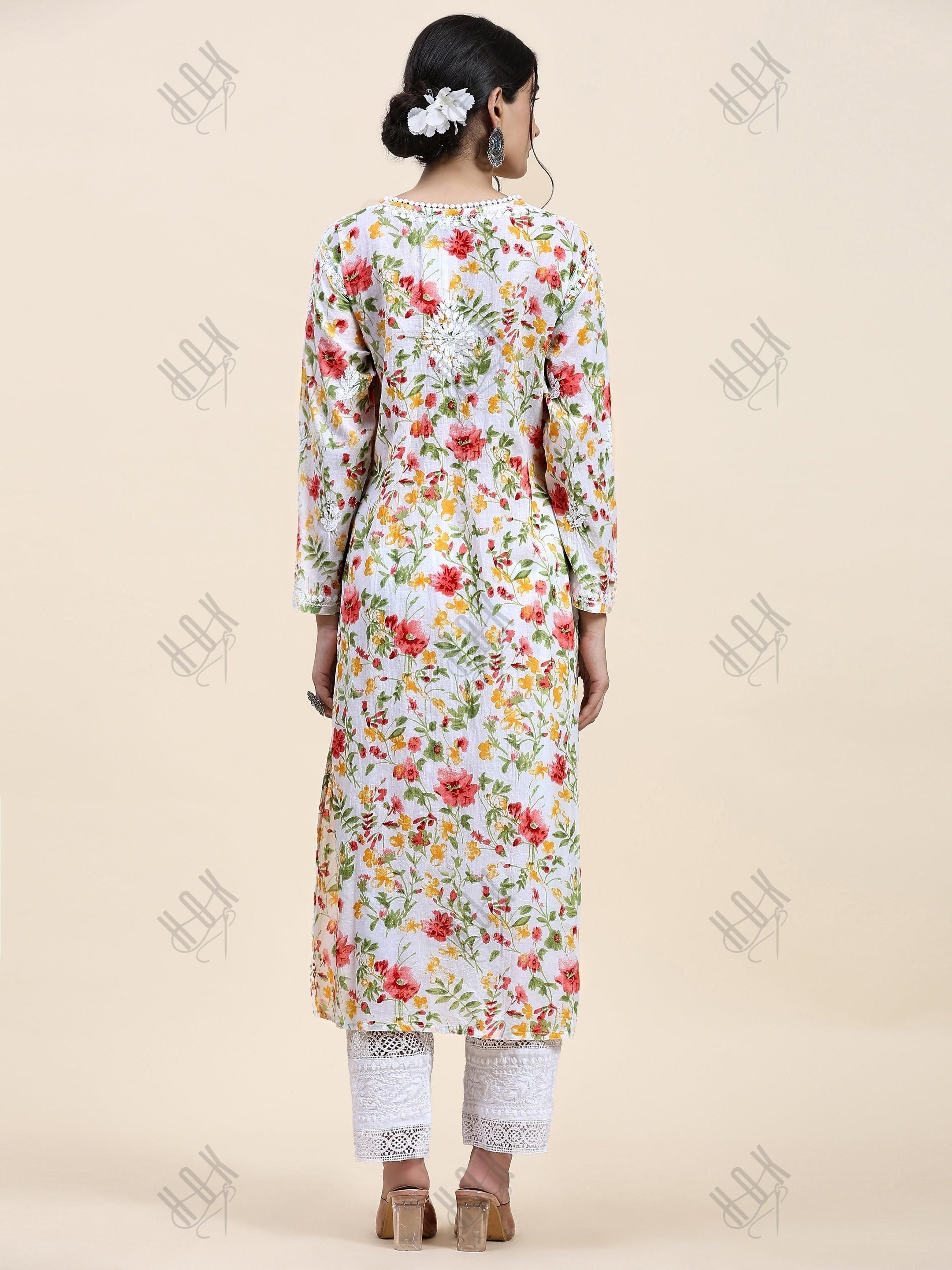 Ishita Chikankari Long Kurta in Mul Cotton for Women - Pink with Green Flower - House Of Kari (Chikankari Clothing)