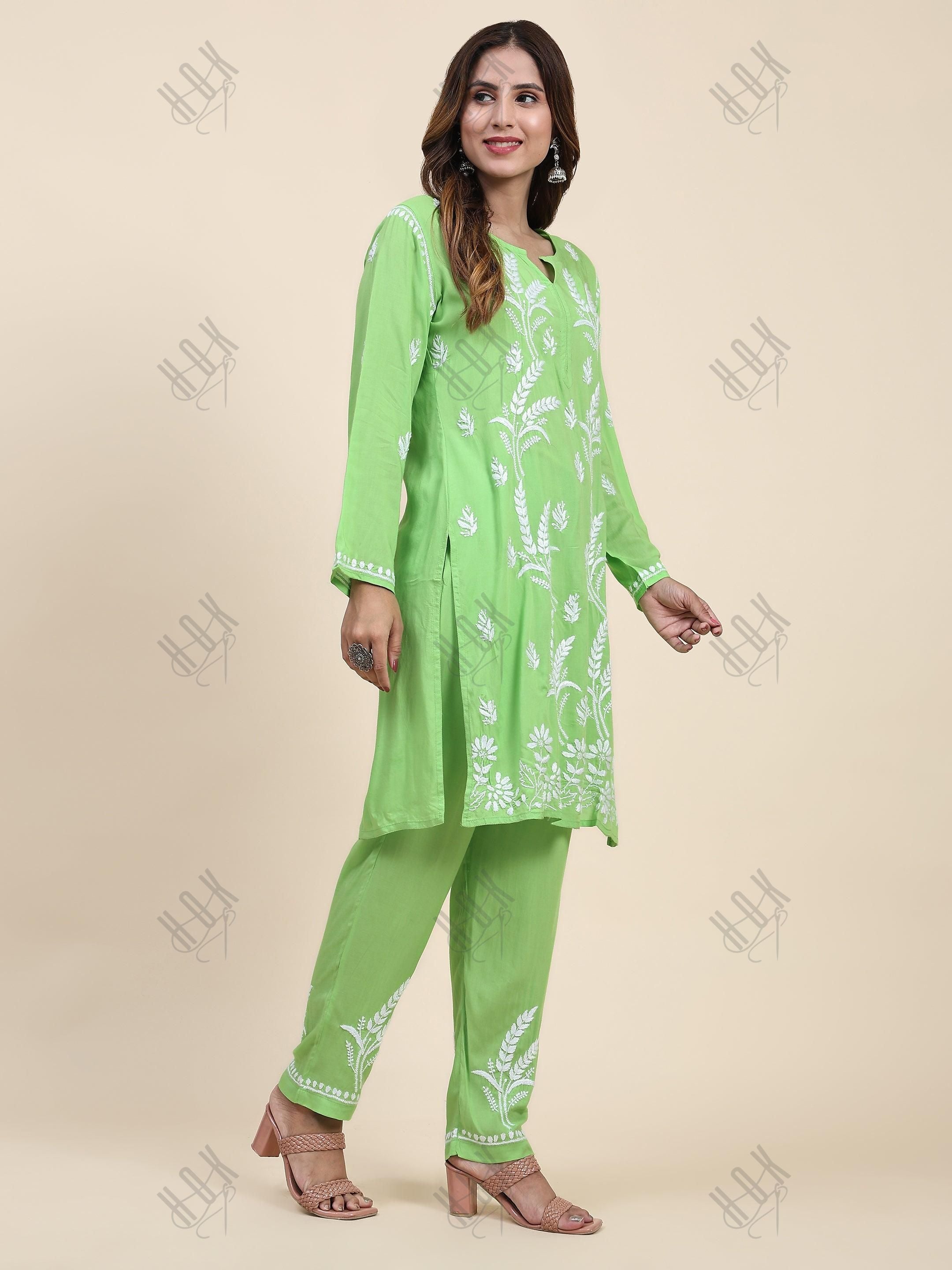 Fizaa Chikankari Short Modal Kurta Set - Green - House Of Kari (Chikankari Clothing)