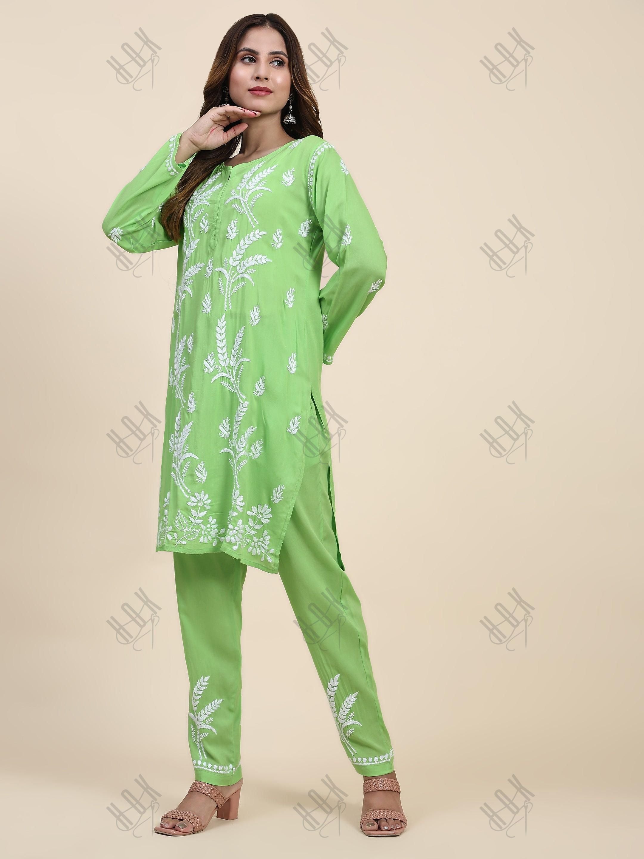 Miesha in Chikankari Short Modal Kurta Set - Green - House Of Kari (Chikankari Clothing)