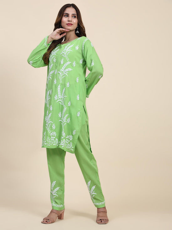 Fizaa Chikankari Short Modal Kurta Set - Green - House Of Kari (Chikankari Clothing)