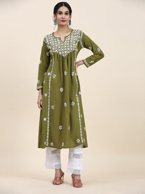 Samma Chikankari Long A-Line Kurti for Women- Seaweed Green - House Of Kari (Chikankari Clothing)