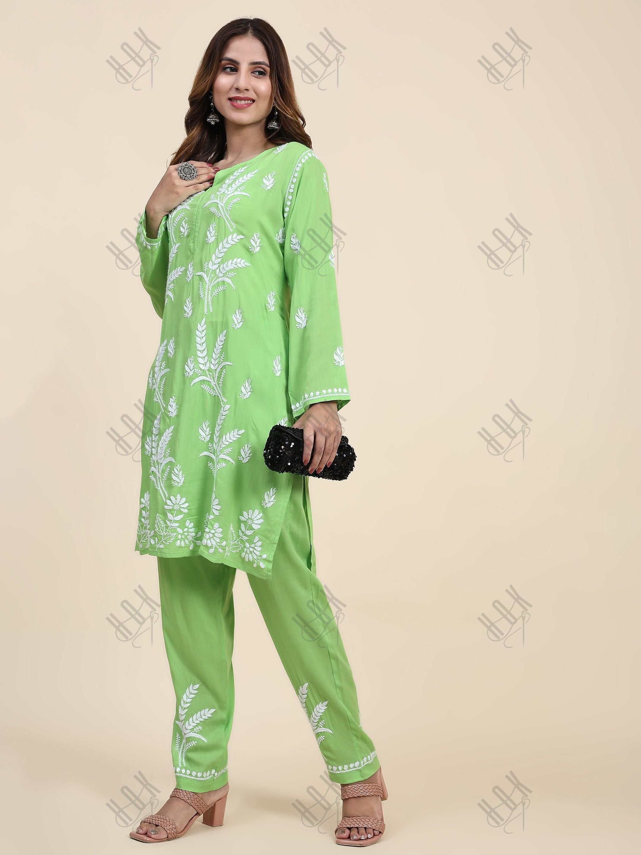 Miesha in Chikankari Short Modal Kurta Set - Green - House Of Kari (Chikankari Clothing)