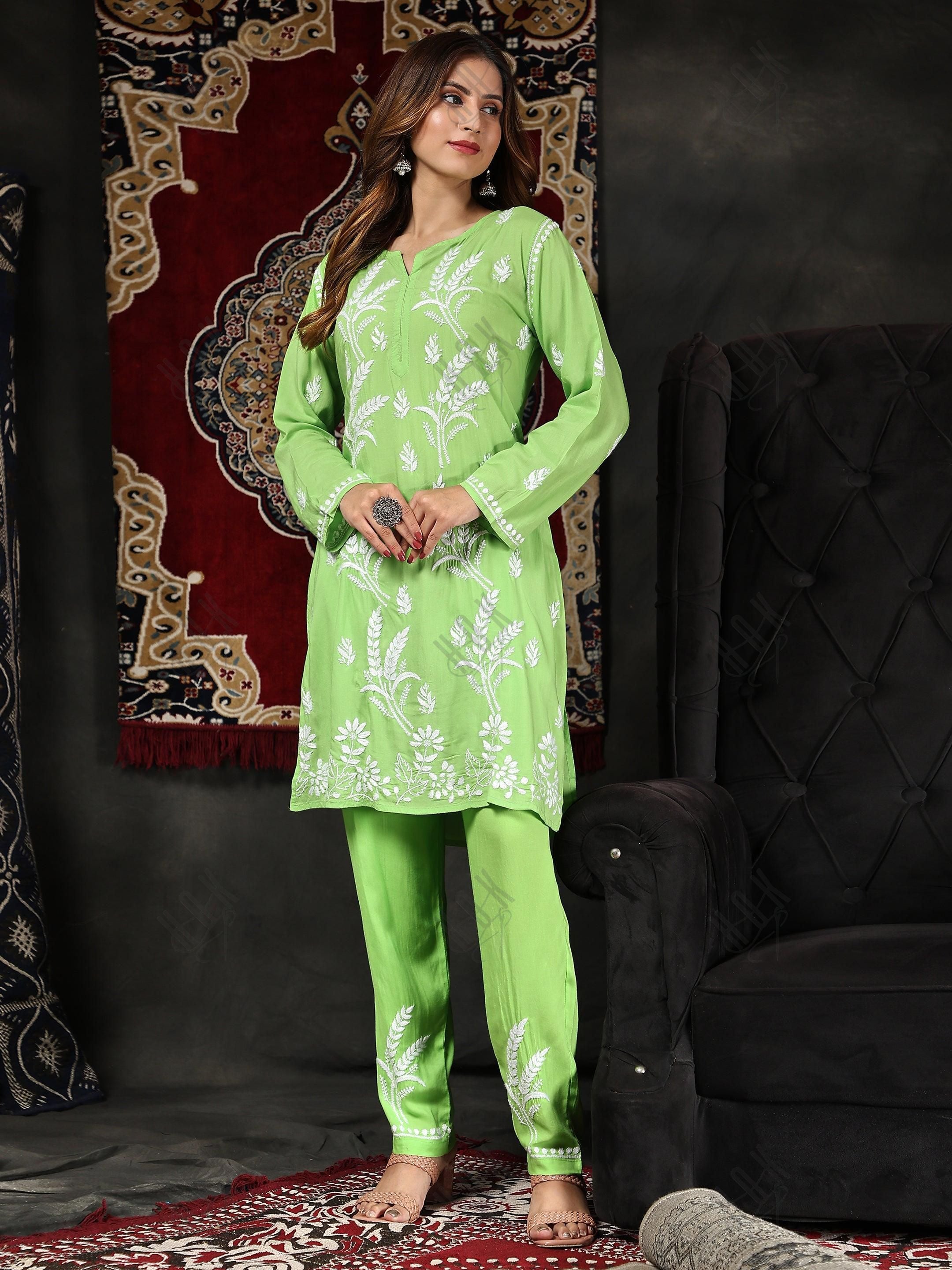 Fizaa Chikankari Short Modal Kurta Set - Green - House Of Kari (Chikankari Clothing)