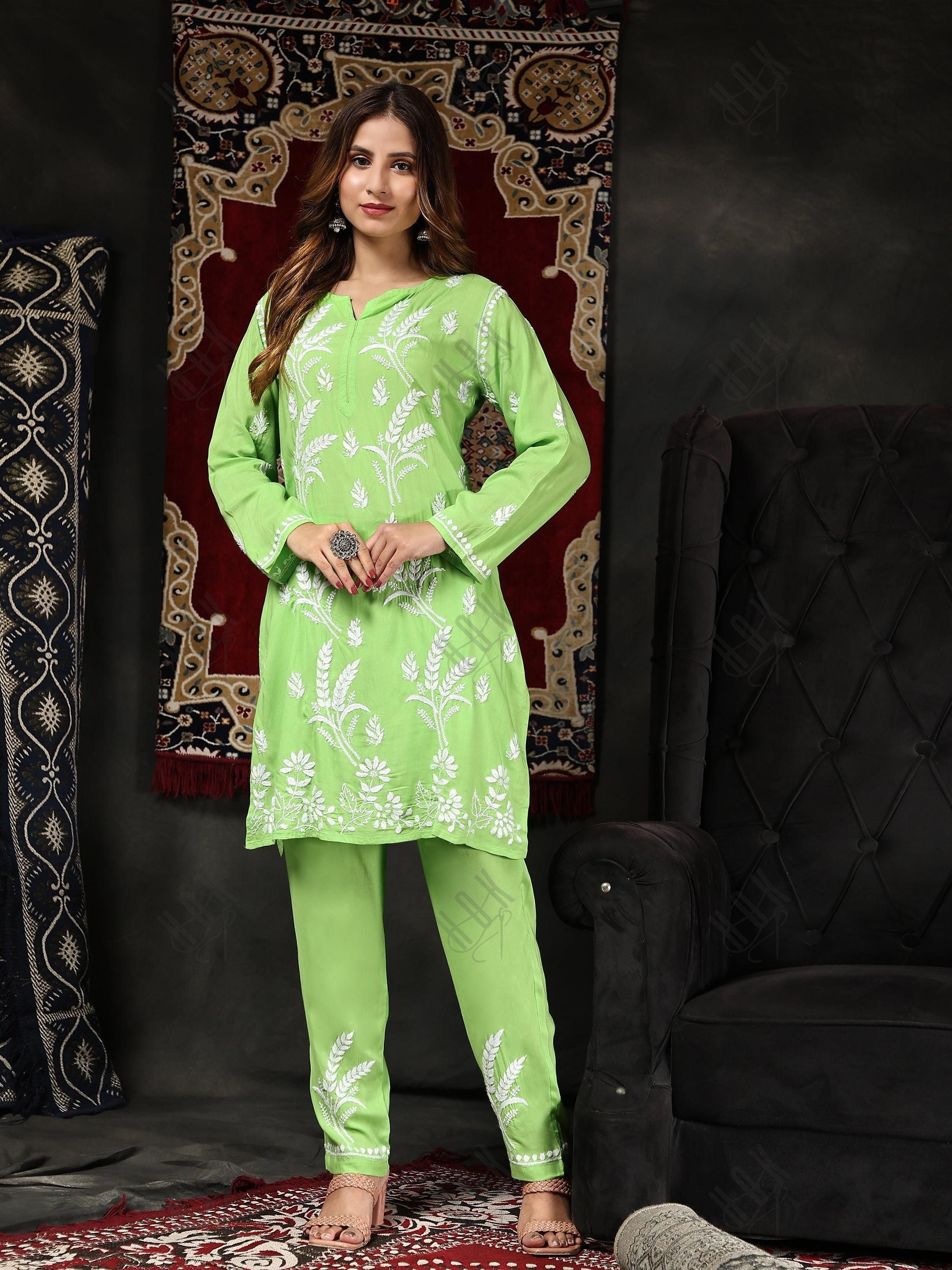 Fizaa Chikankari Short Modal Kurta Set - Green - House Of Kari (Chikankari Clothing)