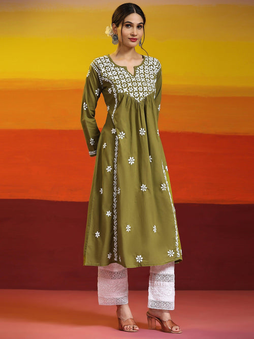 Samma Chikankari Long A-Line Kurti for Women- Seaweed Green - House Of Kari (Chikankari Clothing)