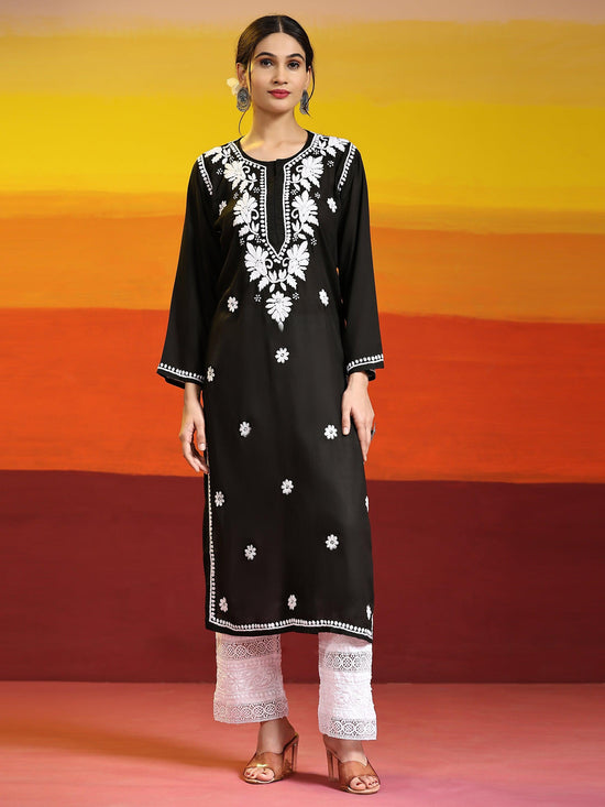 House of Kari Chikankari Long kurti In Modal Cotton - Black With White - House Of Kari (Chikankari Clothing)