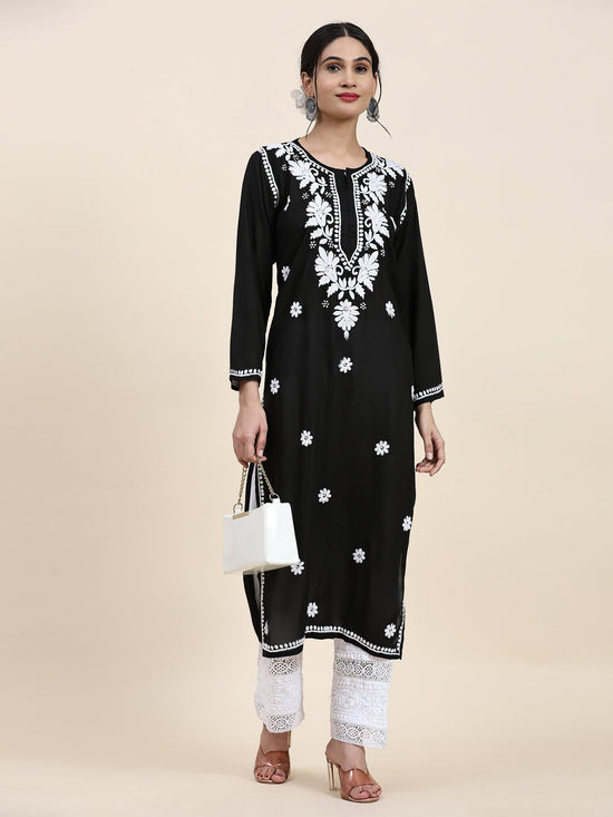House of Kari Chikankari Long kurti In Modal Cotton - Black With White - House Of Kari (Chikankari Clothing)