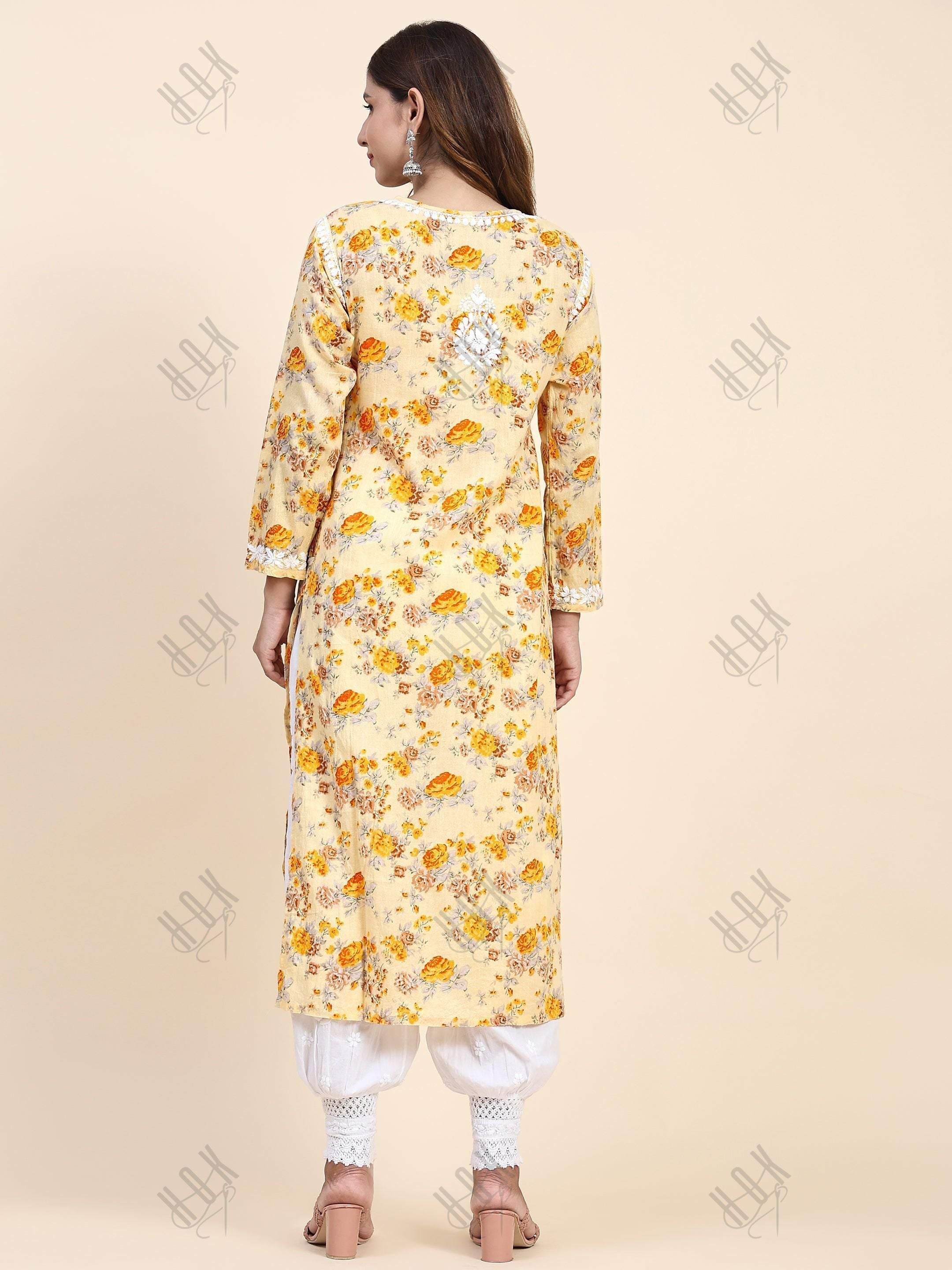 Samma Mul Printed Hand Embroidery Chikankari Kurta- Yellow - House Of Kari (Chikankari Clothing)