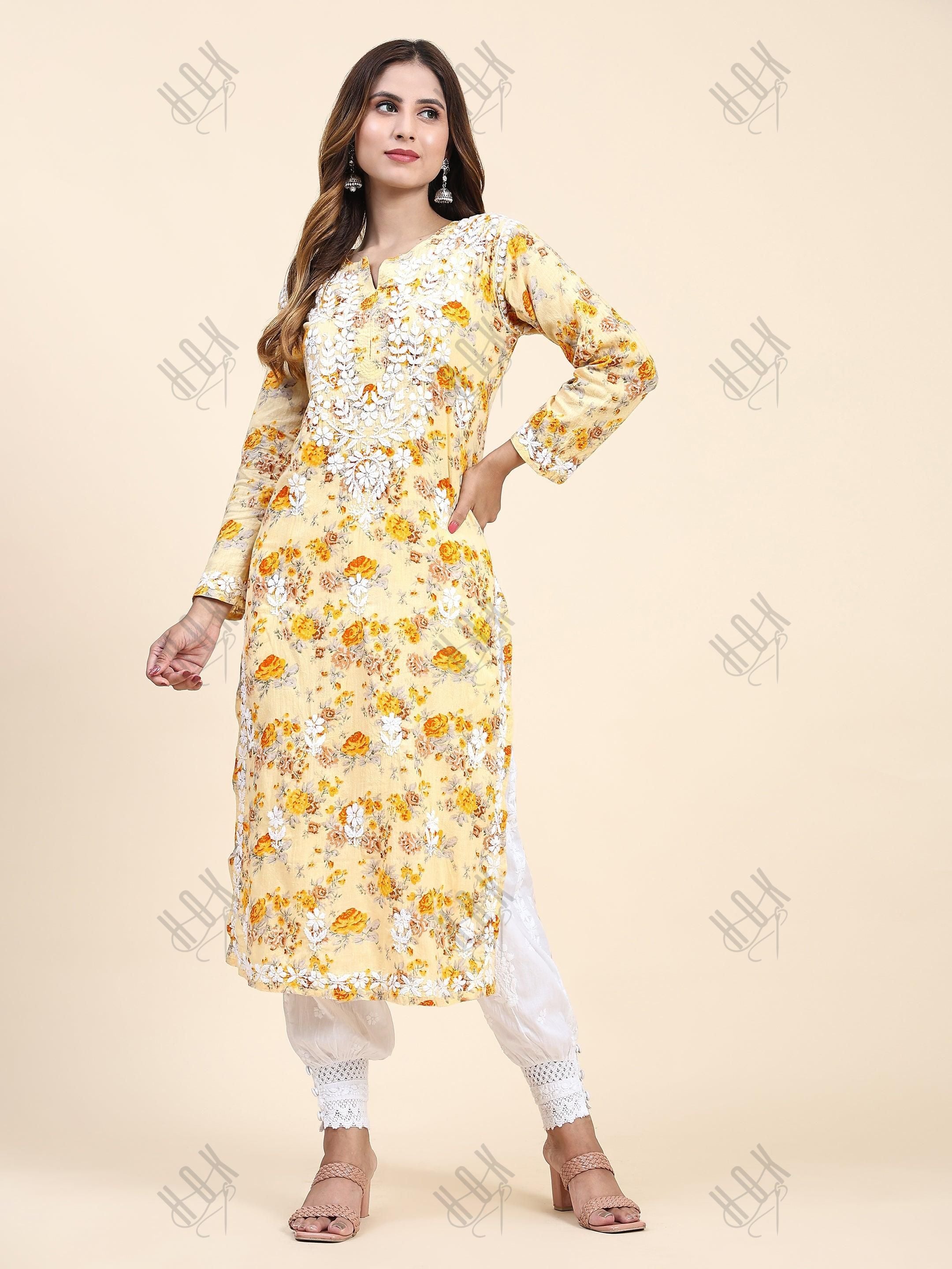 Samma Mul Printed Hand Embroidery Chikankari Kurta- Yellow - House Of Kari (Chikankari Clothing)