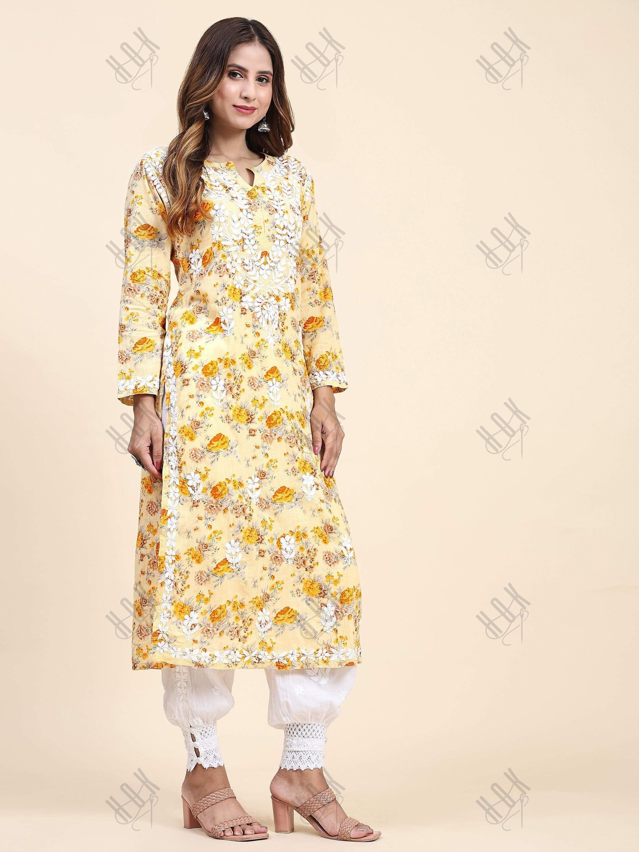 Samma Mul Printed Hand Embroidery Chikankari Kurta- Yellow - House Of Kari (Chikankari Clothing)