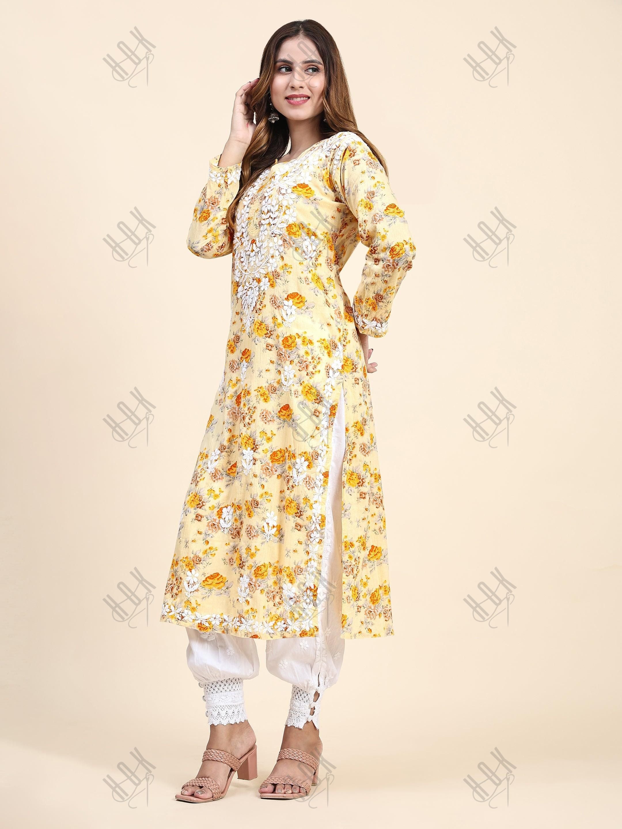 Samma Mul Printed Hand Embroidery Chikankari Kurta- Yellow - House Of Kari (Chikankari Clothing)