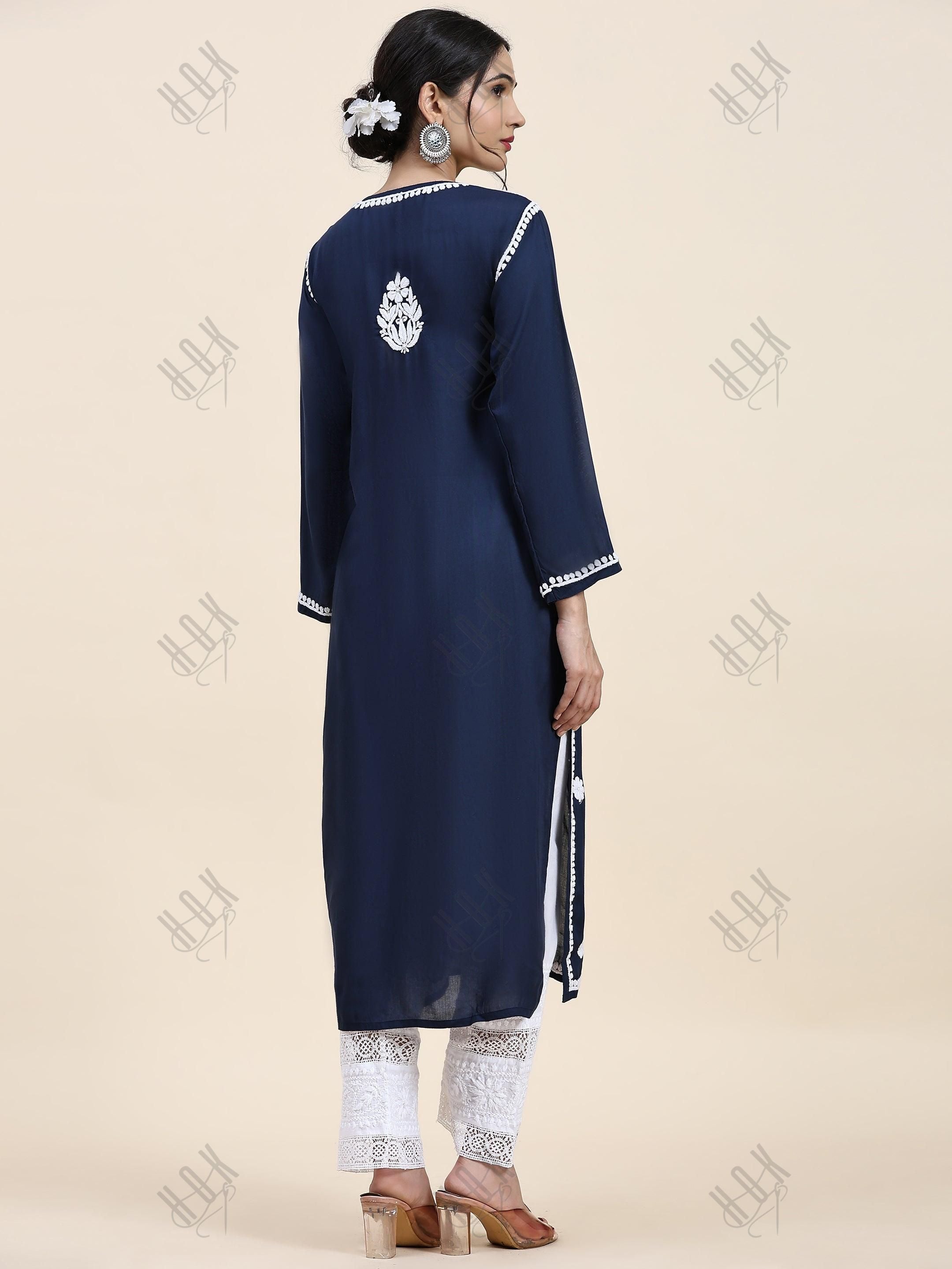 House of Kari Chikankari Long kurti In Modal Cotton - Blue With White - House Of Kari (Chikankari Clothing)