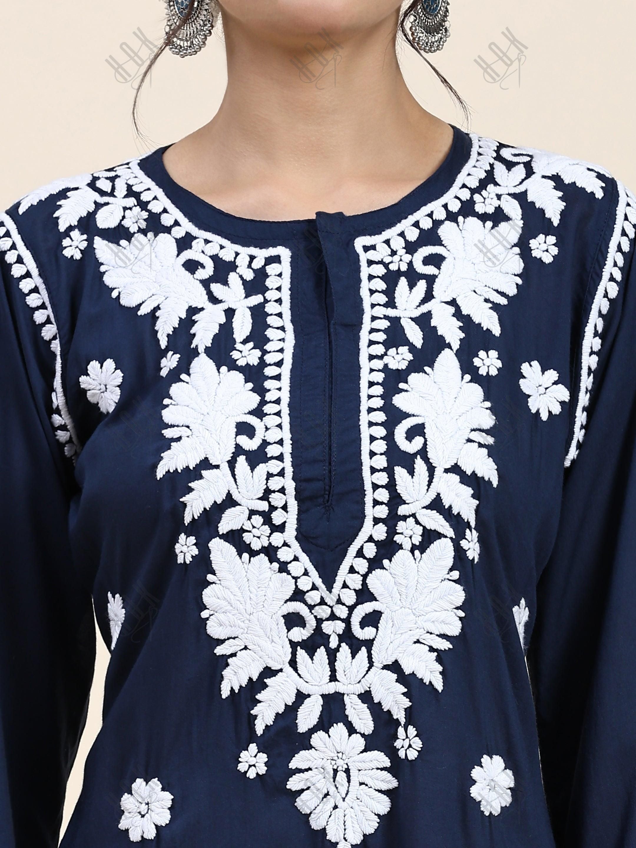 House of Kari Chikankari Long kurti In Modal Cotton - Blue With White - House Of Kari (Chikankari Clothing)