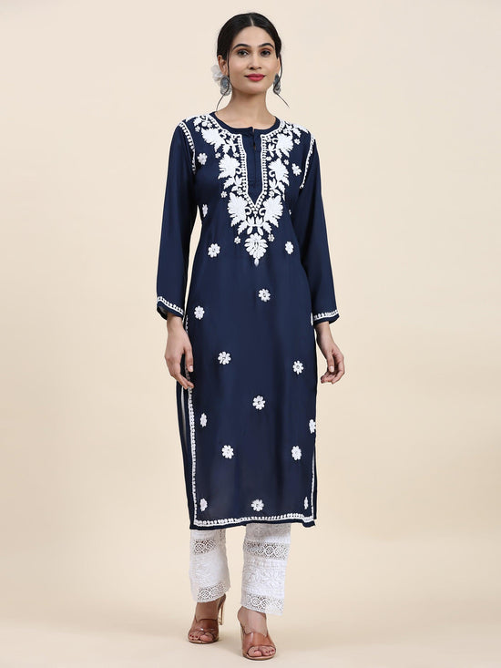 House of Kari Chikankari Long kurti In Modal Cotton - Blue With White - House Of Kari (Chikankari Clothing)