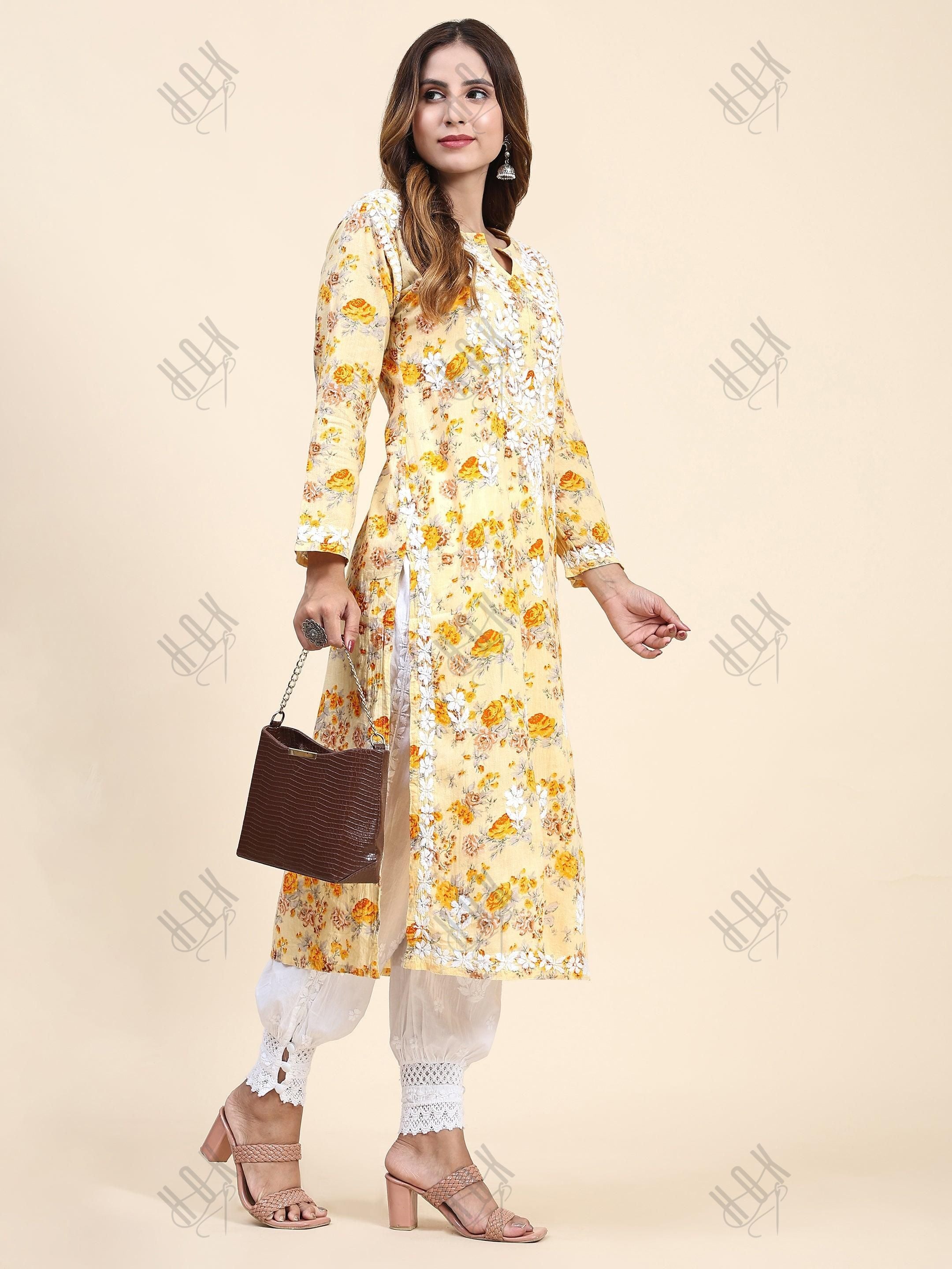 Samma Mul Printed Hand Embroidery Chikankari Kurta- Yellow - House Of Kari (Chikankari Clothing)