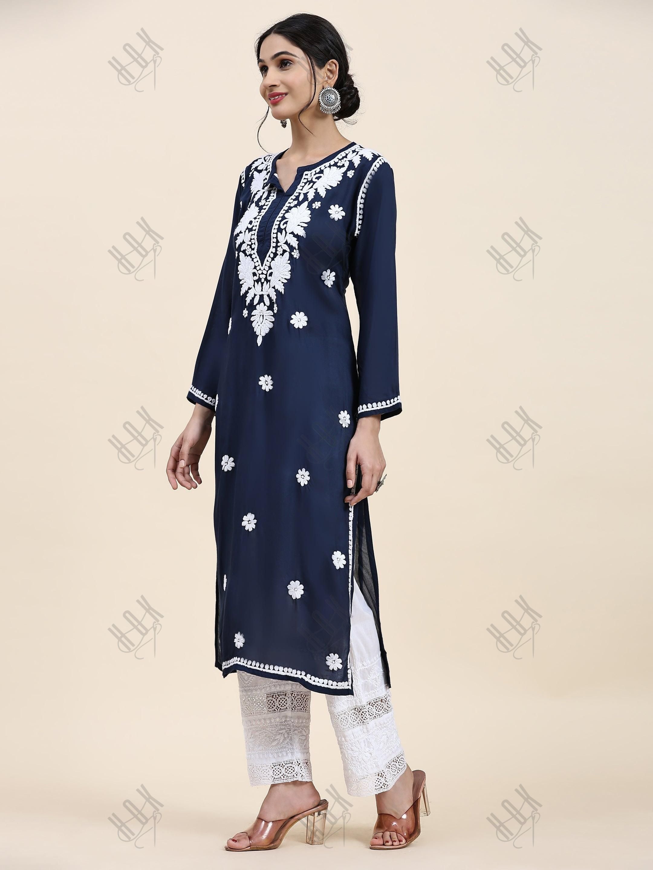 House of Kari Chikankari Long kurti In Modal Cotton - Blue With White - House Of Kari (Chikankari Clothing)