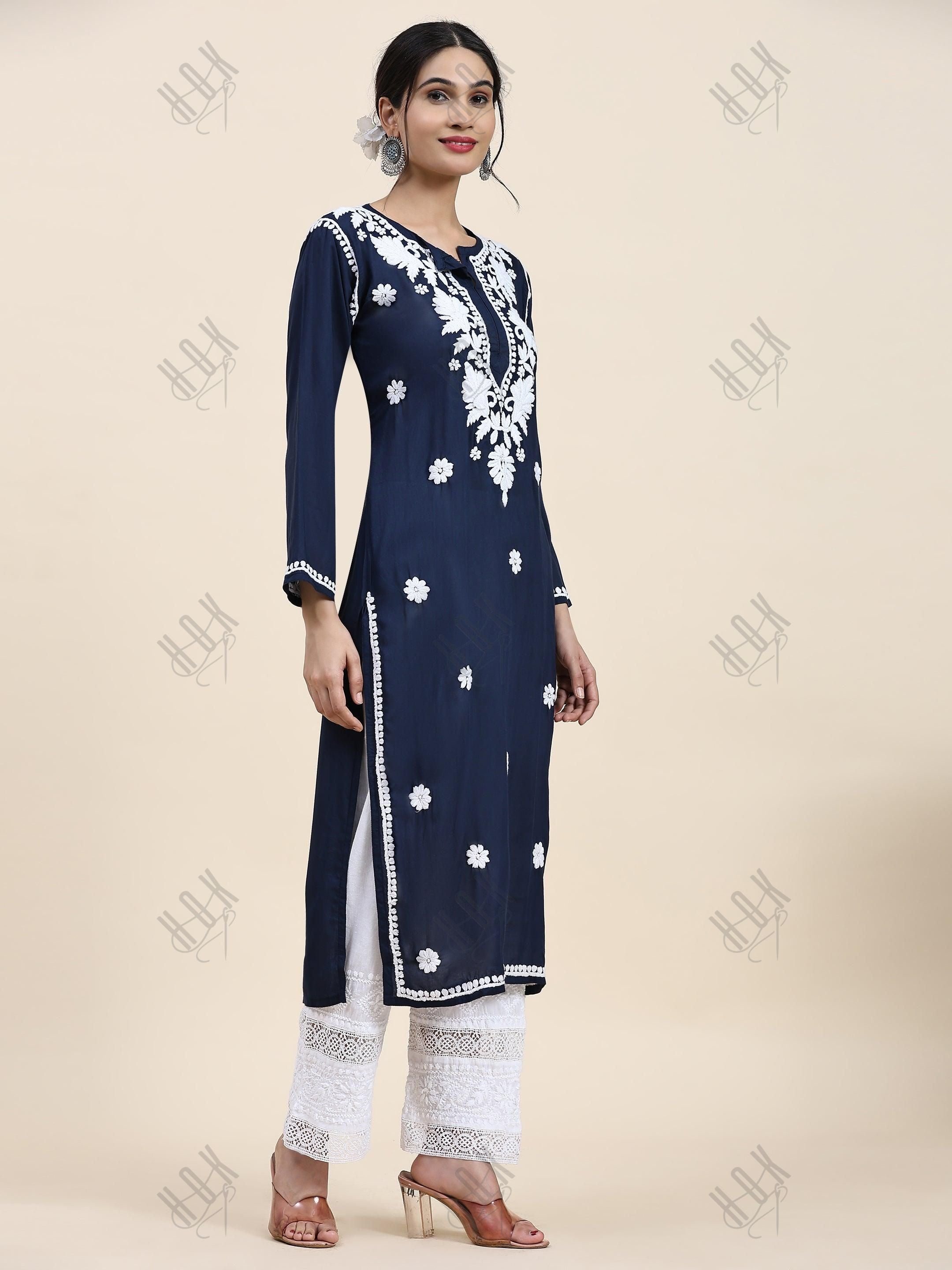 House of Kari Chikankari Long kurti In Modal Cotton - Blue With White - House Of Kari (Chikankari Clothing)