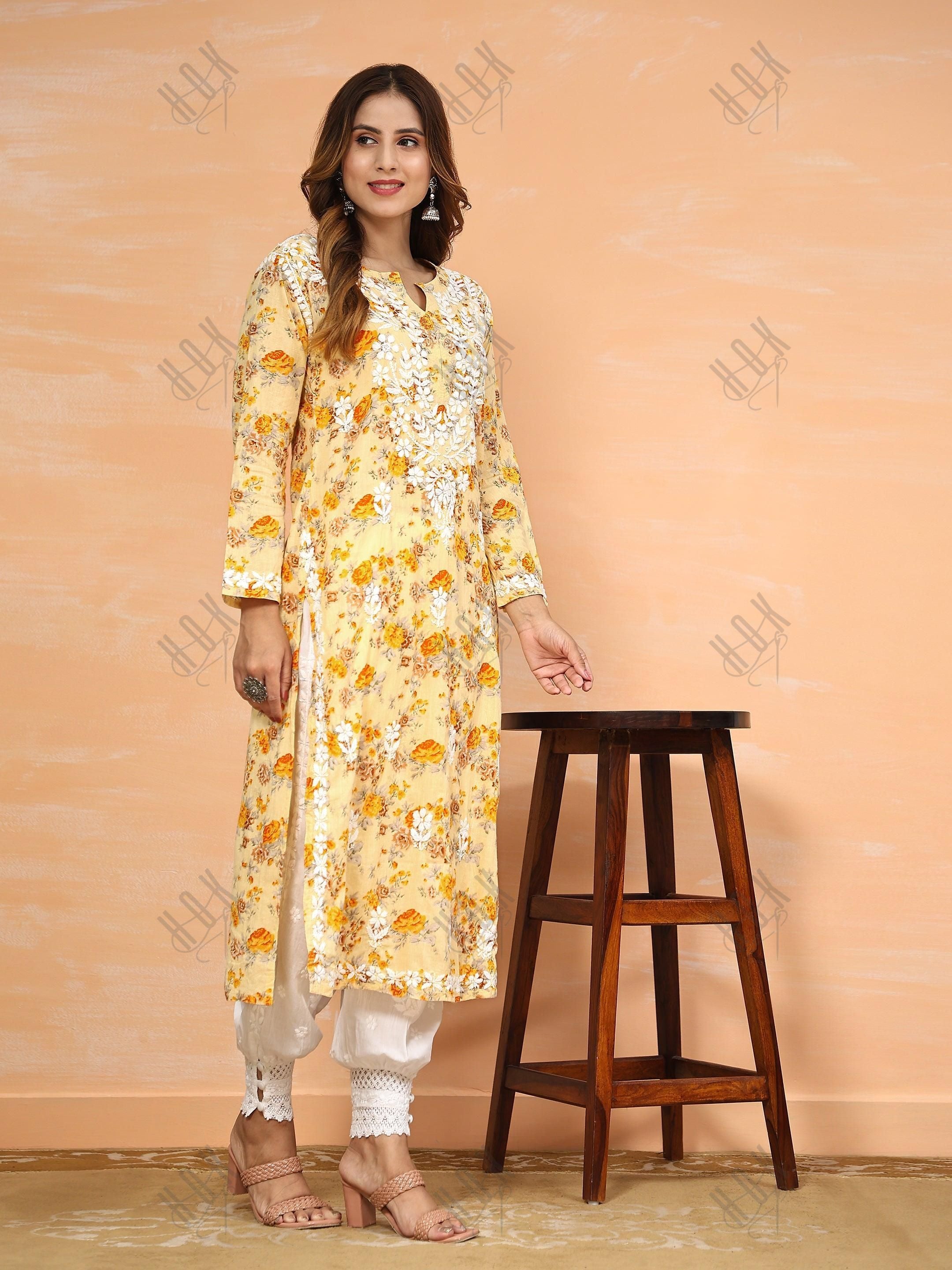 Samma Mul Printed Hand Embroidery Chikankari Kurta- Yellow - House Of Kari (Chikankari Clothing)