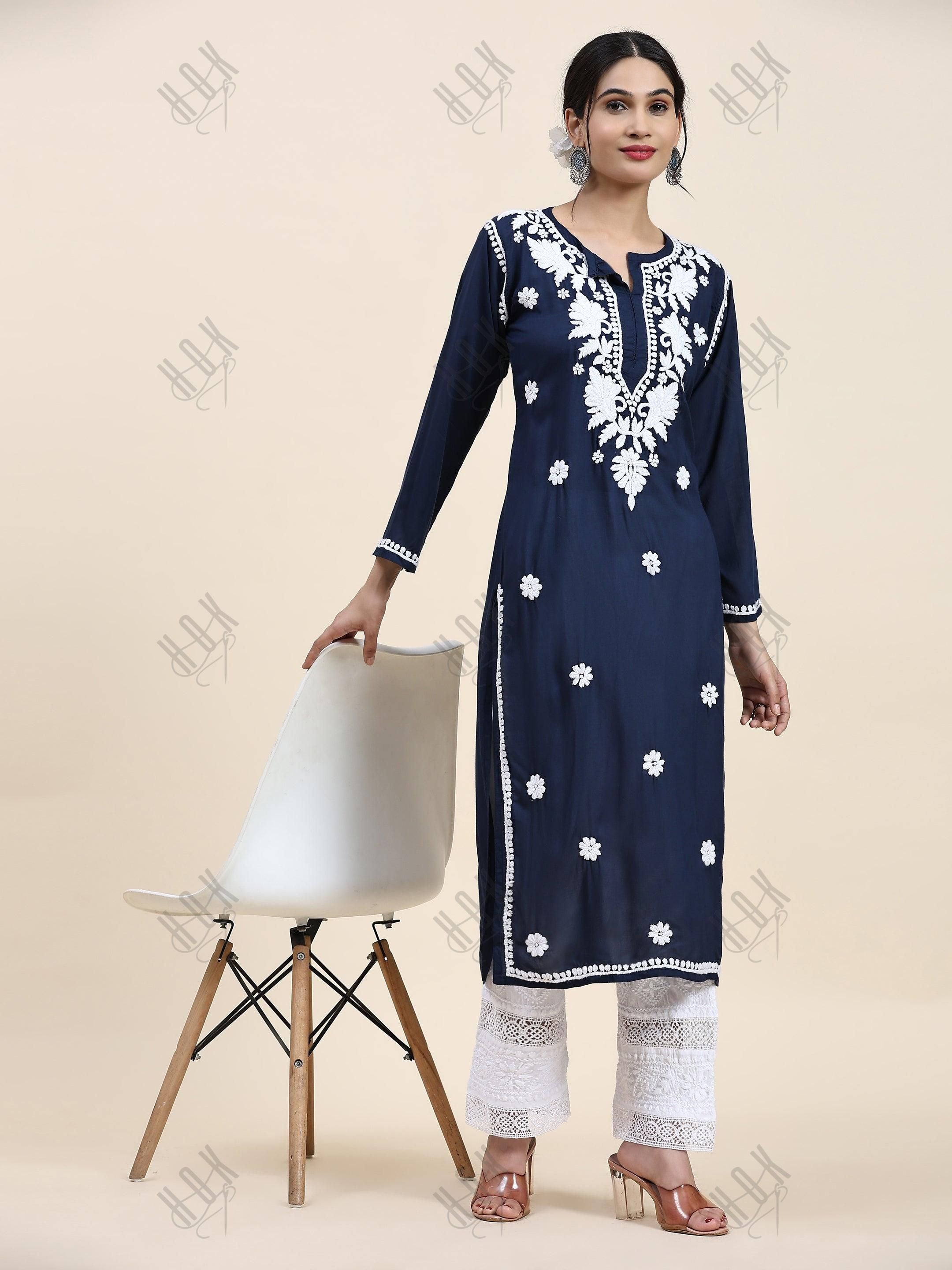 House of Kari Chikankari Long kurti In Modal Cotton - Blue With White - House Of Kari (Chikankari Clothing)