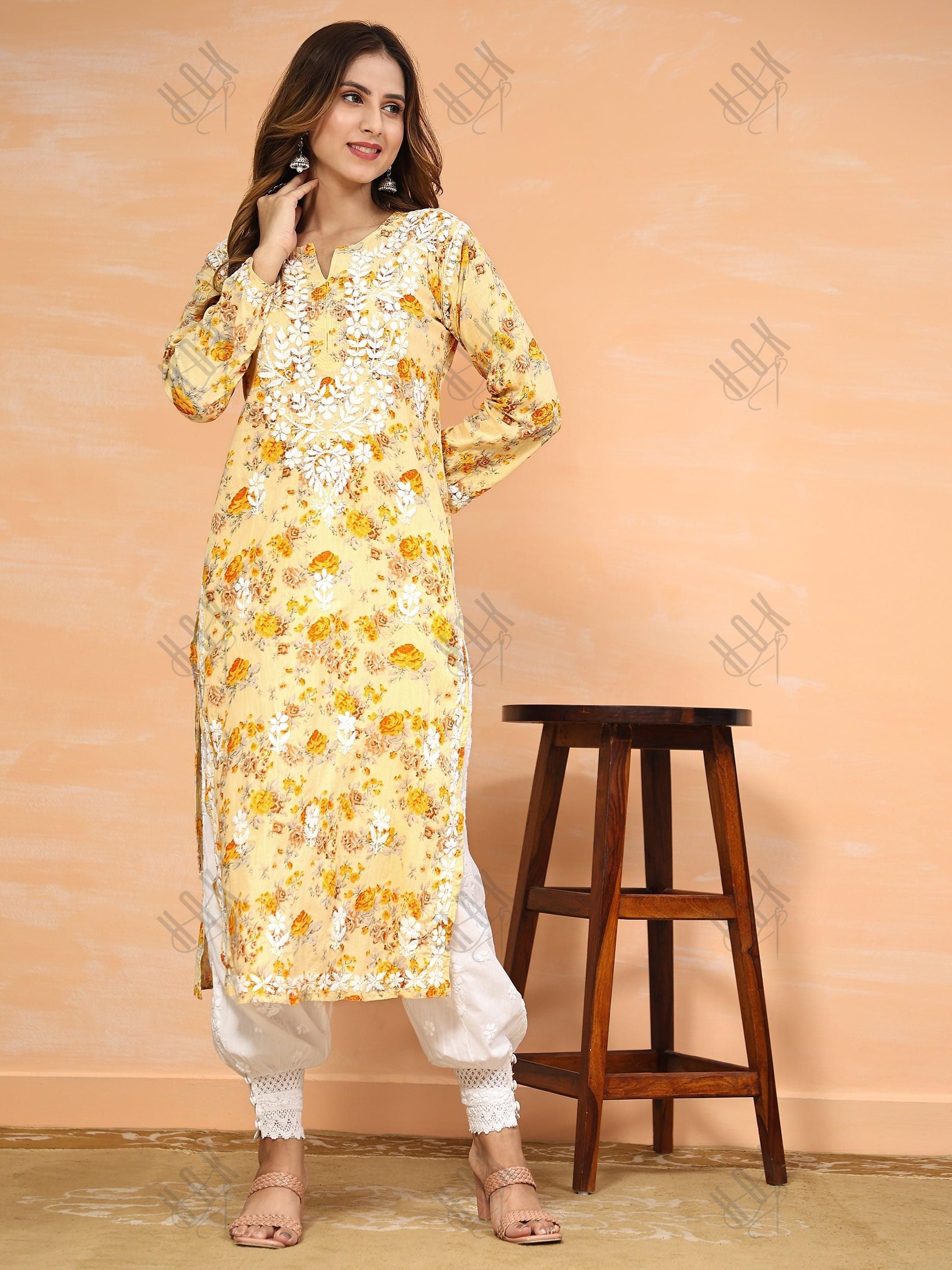 Samma Mul Printed Hand Embroidery Chikankari Kurta- Yellow - House Of Kari (Chikankari Clothing)