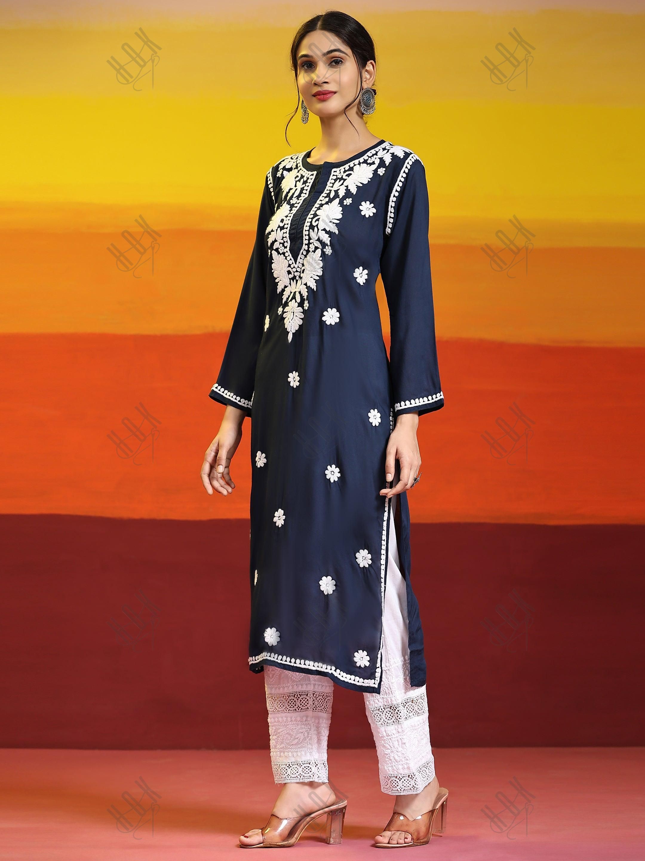 House of Kari Chikankari Long kurti In Modal Cotton - Blue With White - House Of Kari (Chikankari Clothing)