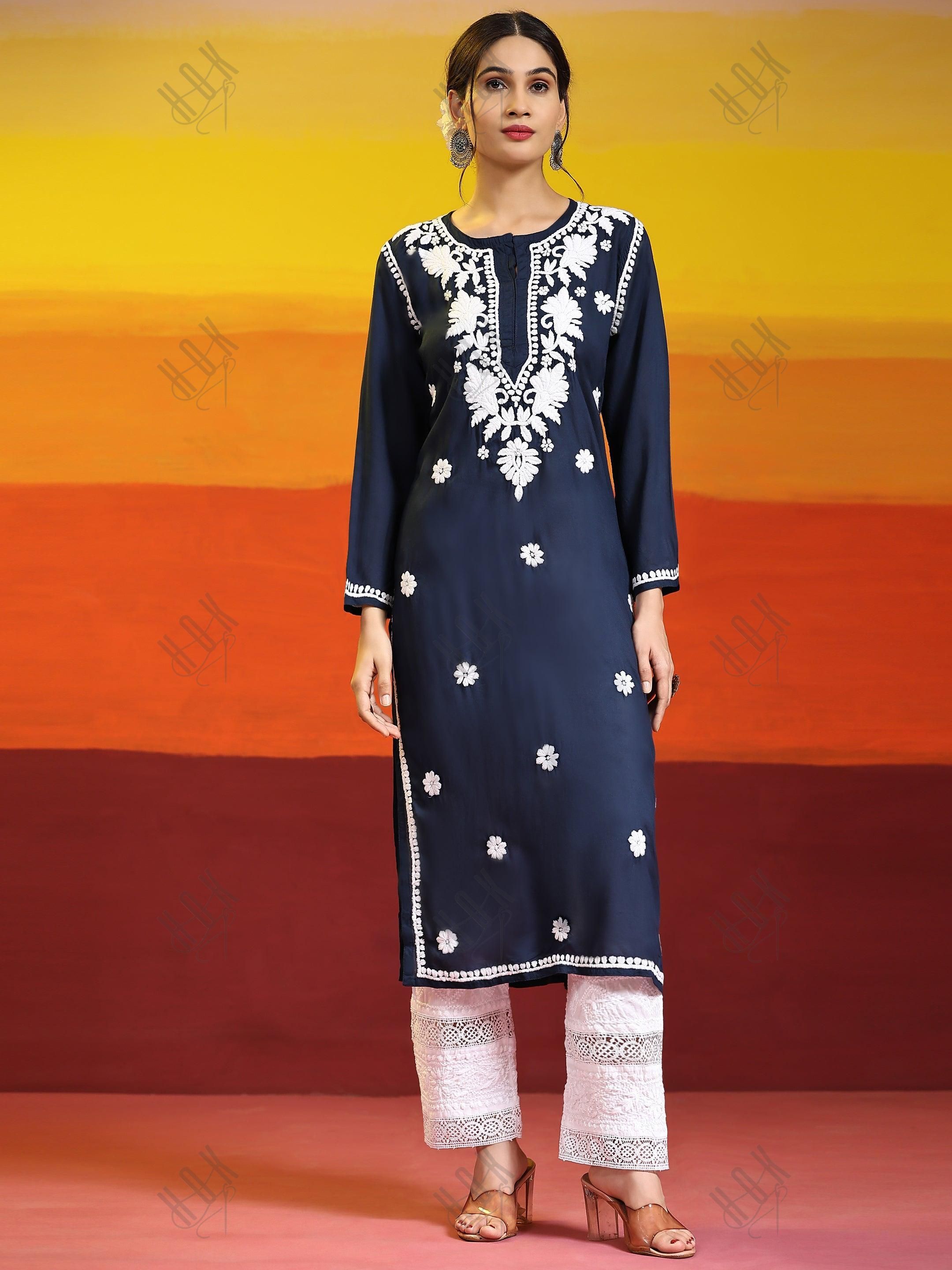 House of Kari Chikankari Long kurti In Modal Cotton - Blue With White - House Of Kari (Chikankari Clothing)