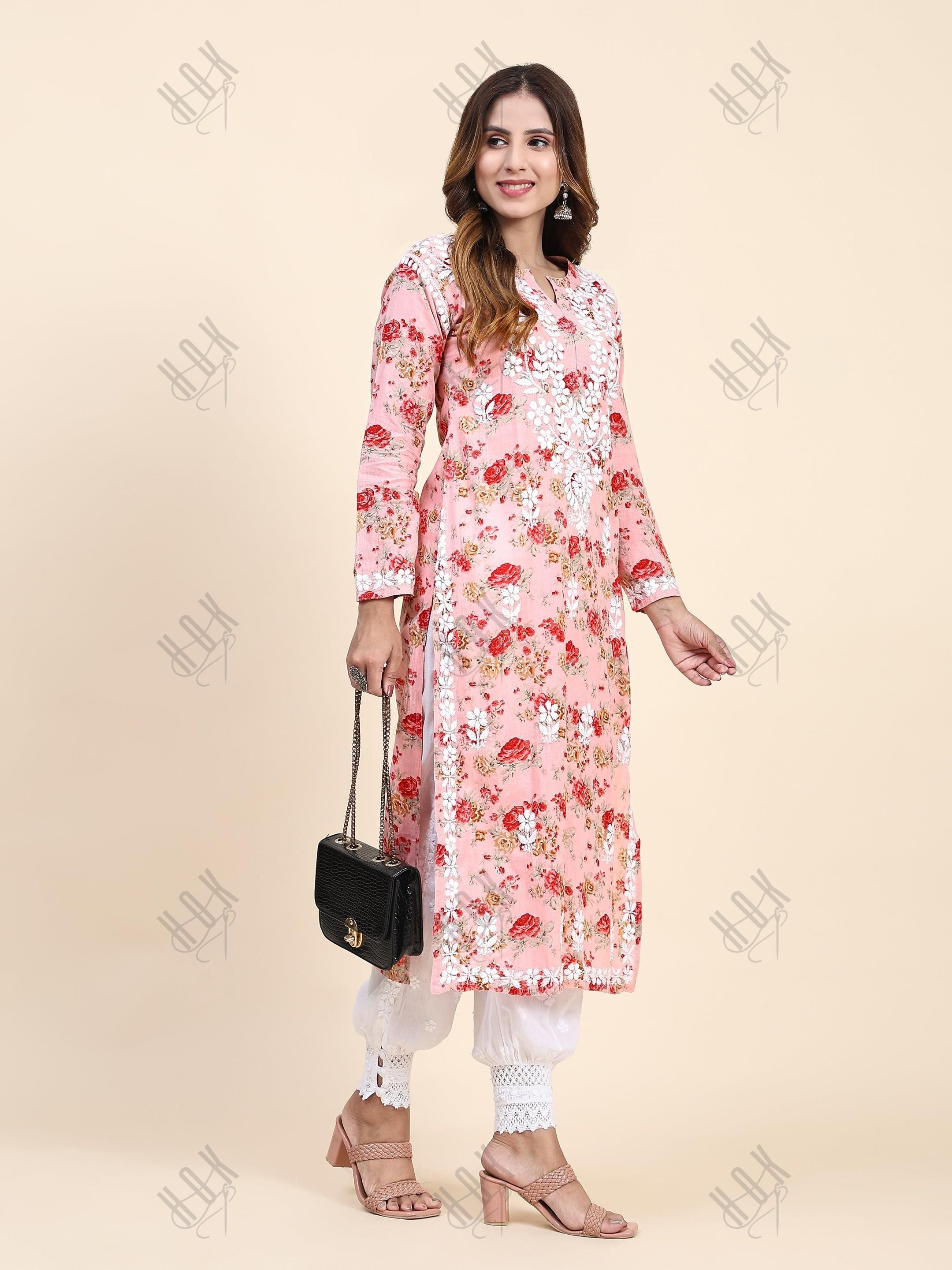 Samma Mul Printed Hand Embroidery Chikankari Kurta- Pink - House Of Kari (Chikankari Clothing)