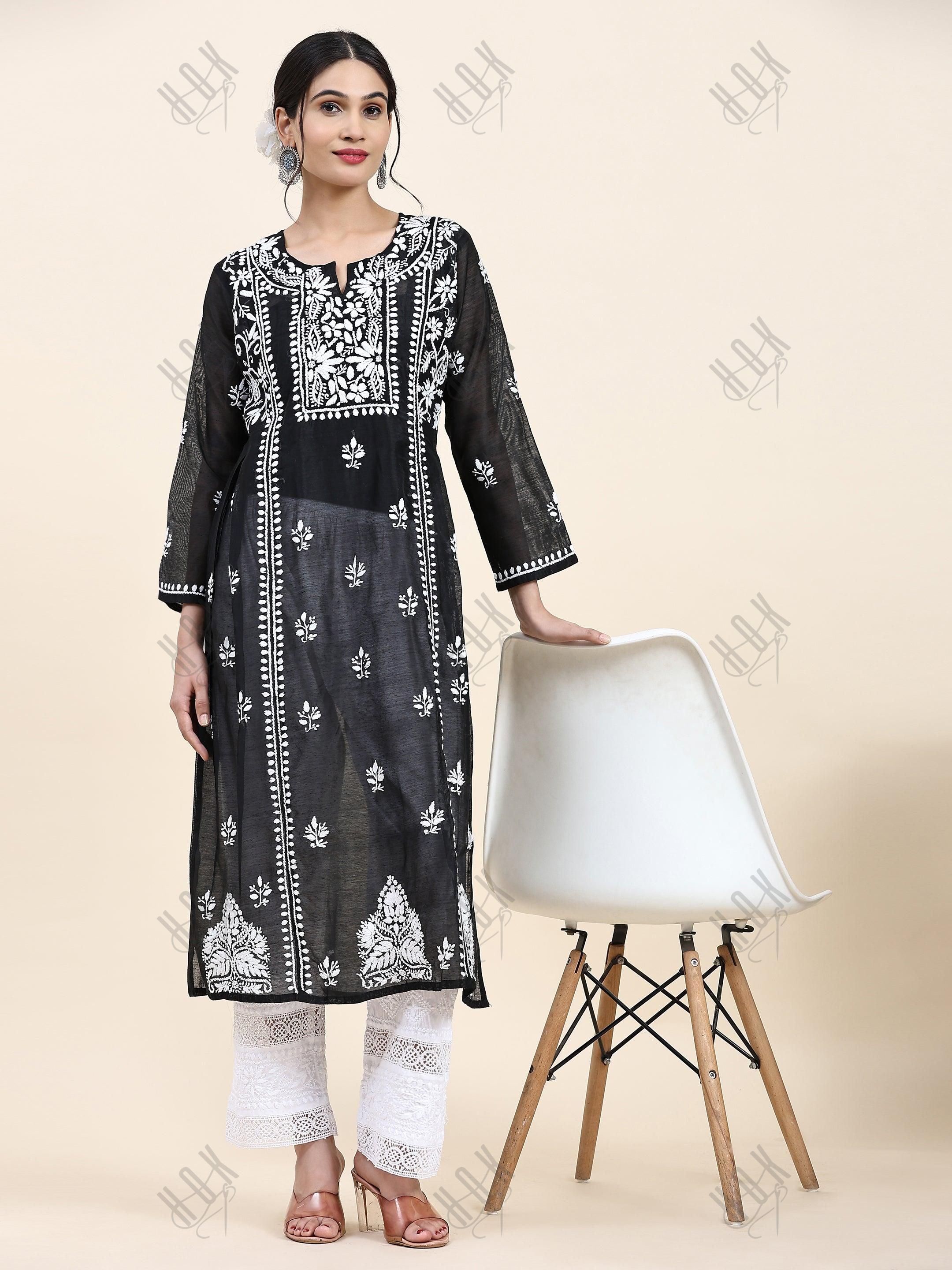 Samma Chikankari Long Kurta in Chanderi Silk for Women- Black - House Of Kari (Chikankari Clothing)