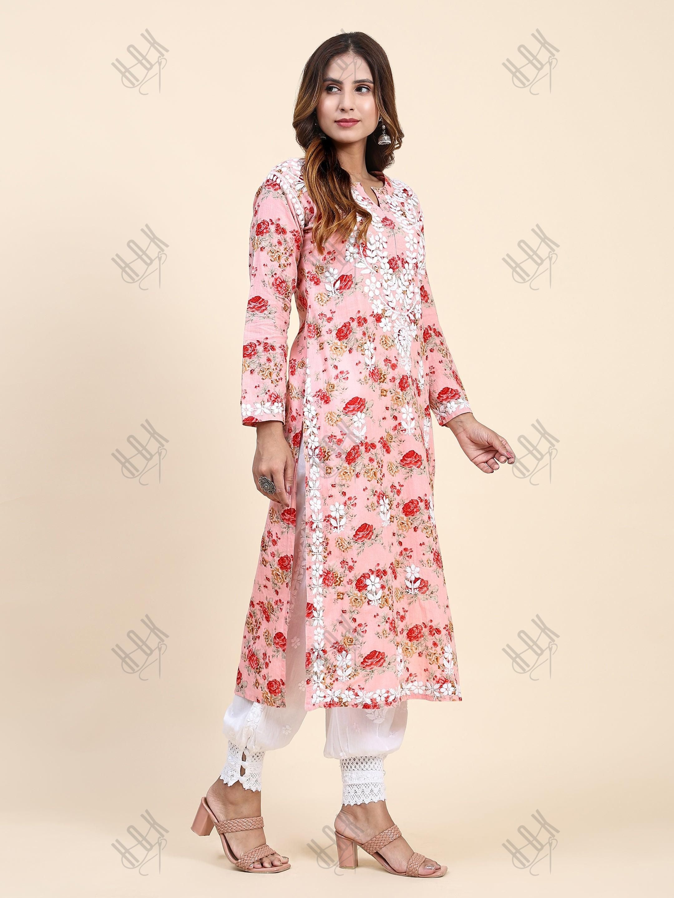 Samma Mul Printed Hand Embroidery Chikankari Kurta- Pink - House Of Kari (Chikankari Clothing)