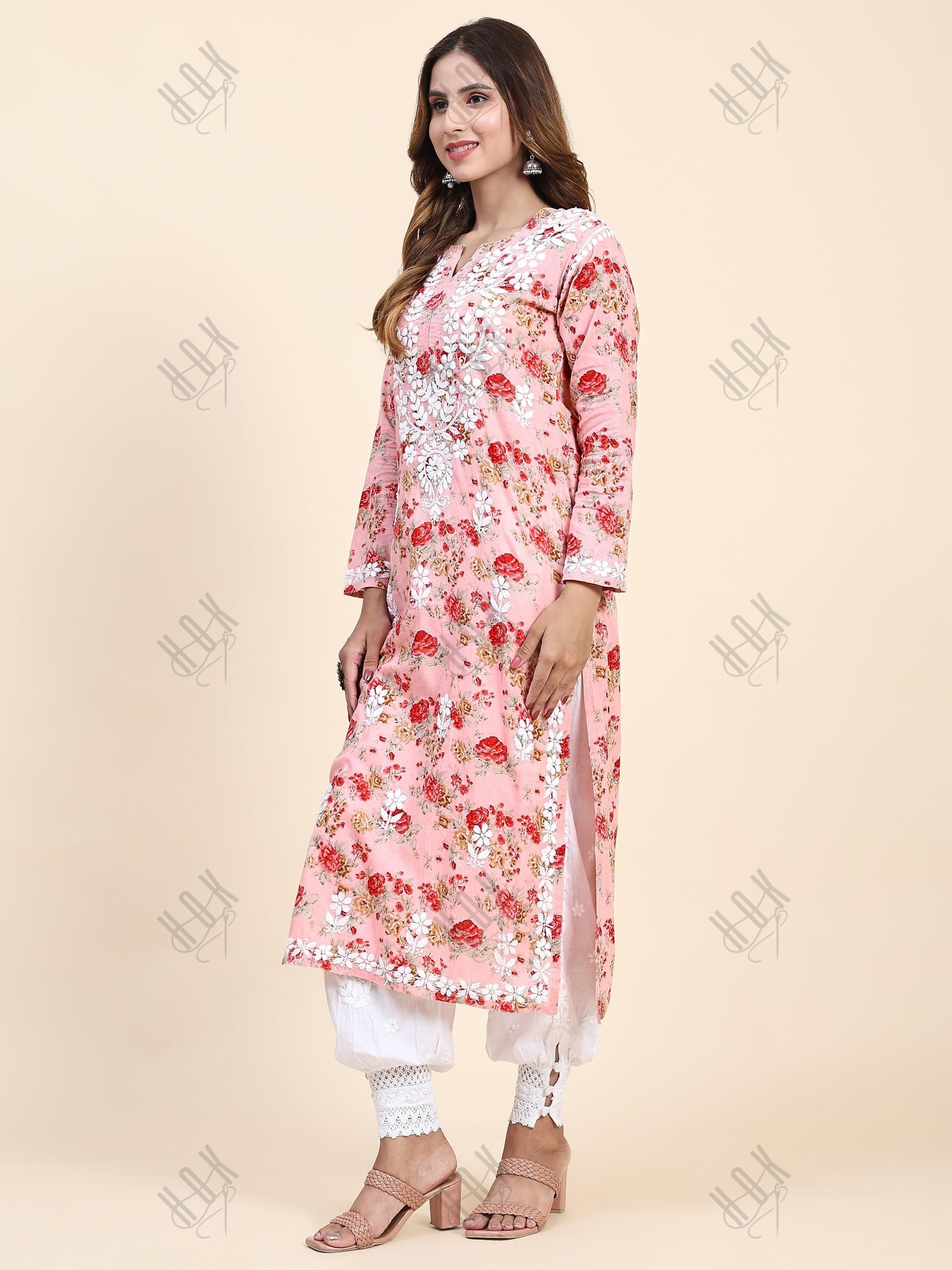 Samma Mul Printed Hand Embroidery Chikankari Kurta- Pink - House Of Kari (Chikankari Clothing)