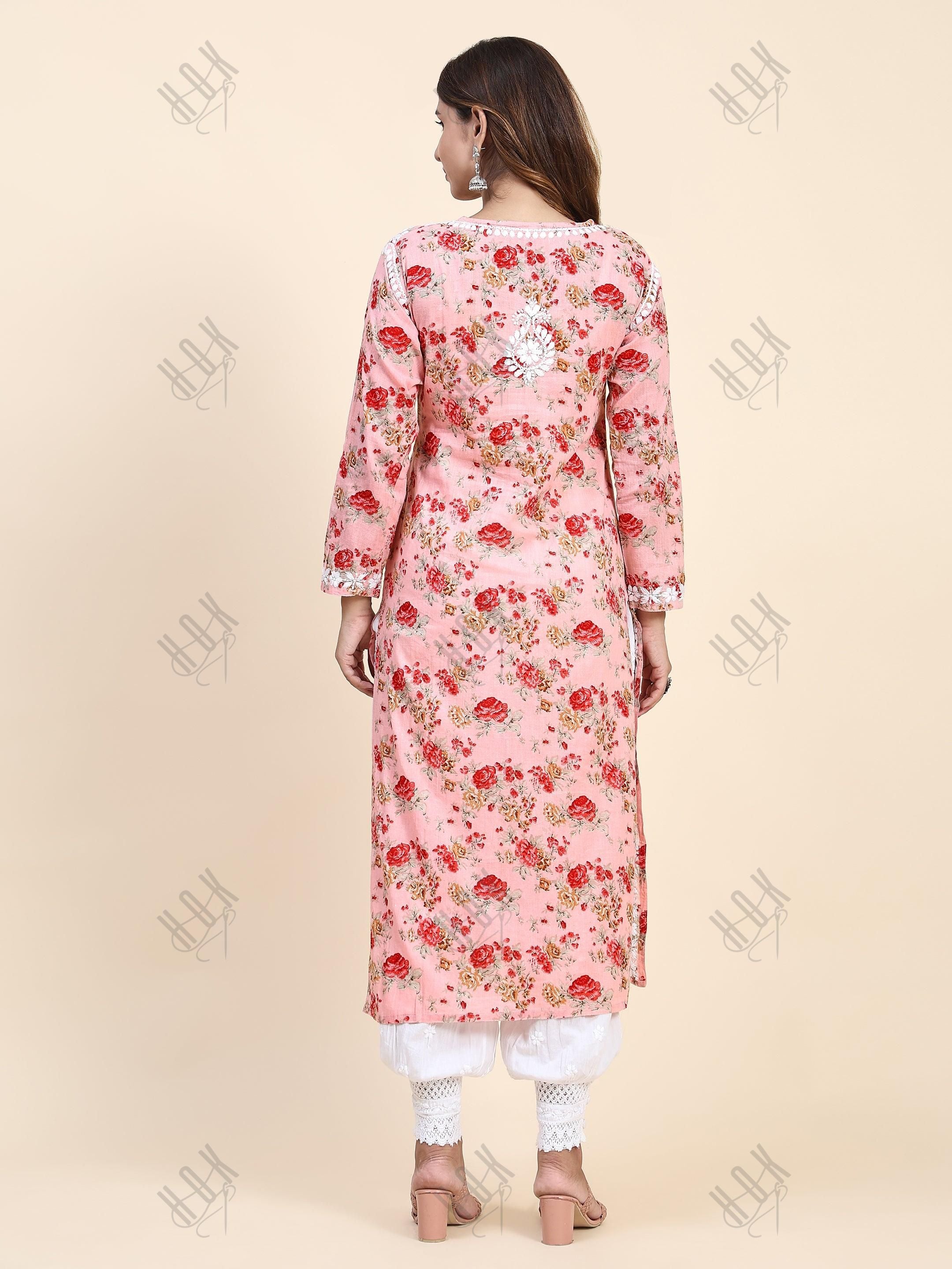 Samma Mul Printed Hand Embroidery Chikankari Kurta- Pink - House Of Kari (Chikankari Clothing)