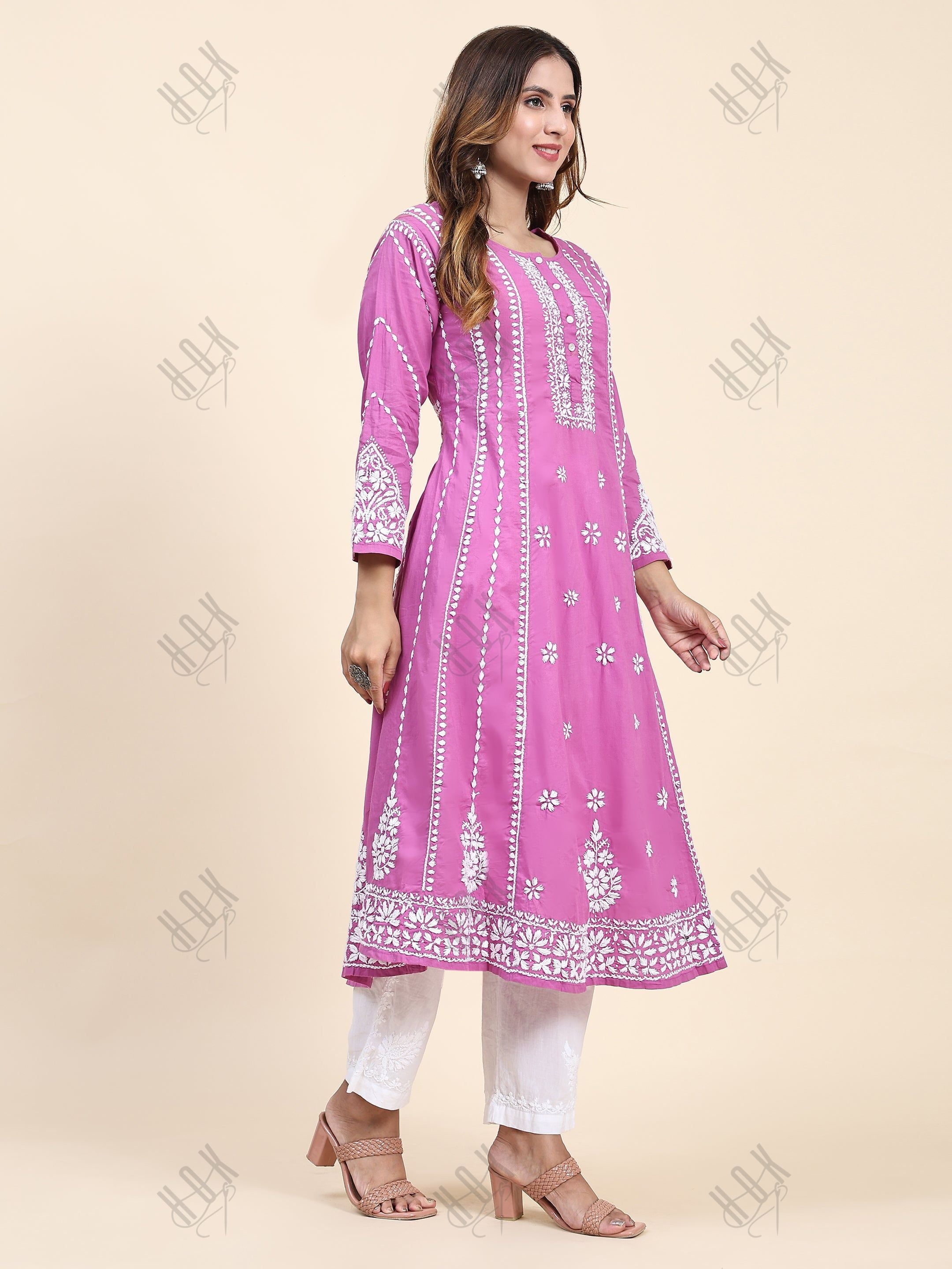 Fizaa Chikankari Long Kurta In Cotton For Women-Purple