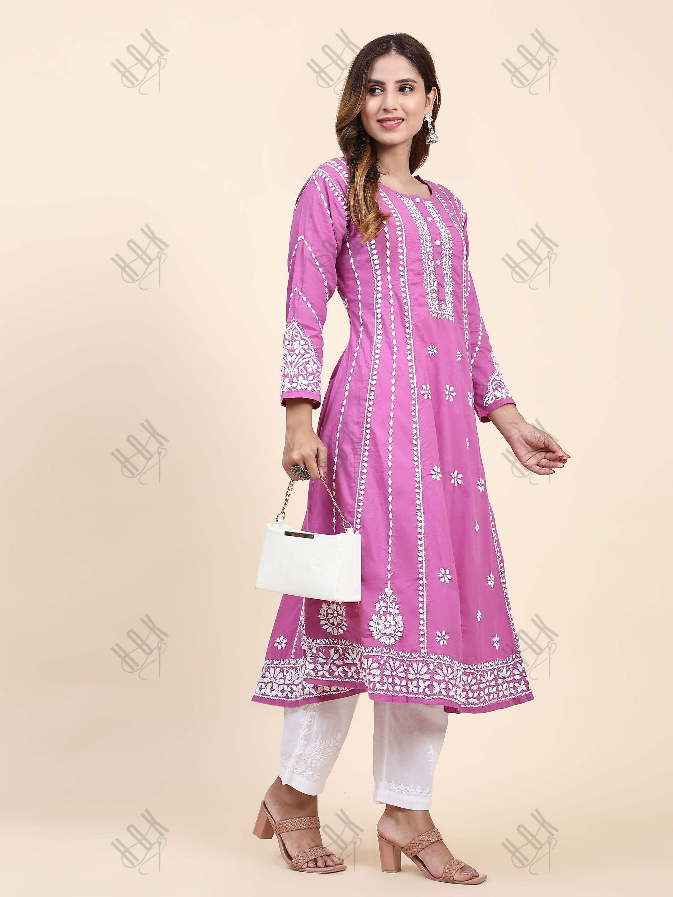 Fizaa Chikankari Long Kurta In Cotton For Women-Purple