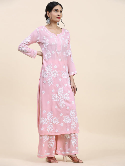 Samma Chikankari CO-ORD Set In Modal Cotton for Women In Pink - House Of Kari (Chikankari Clothing)