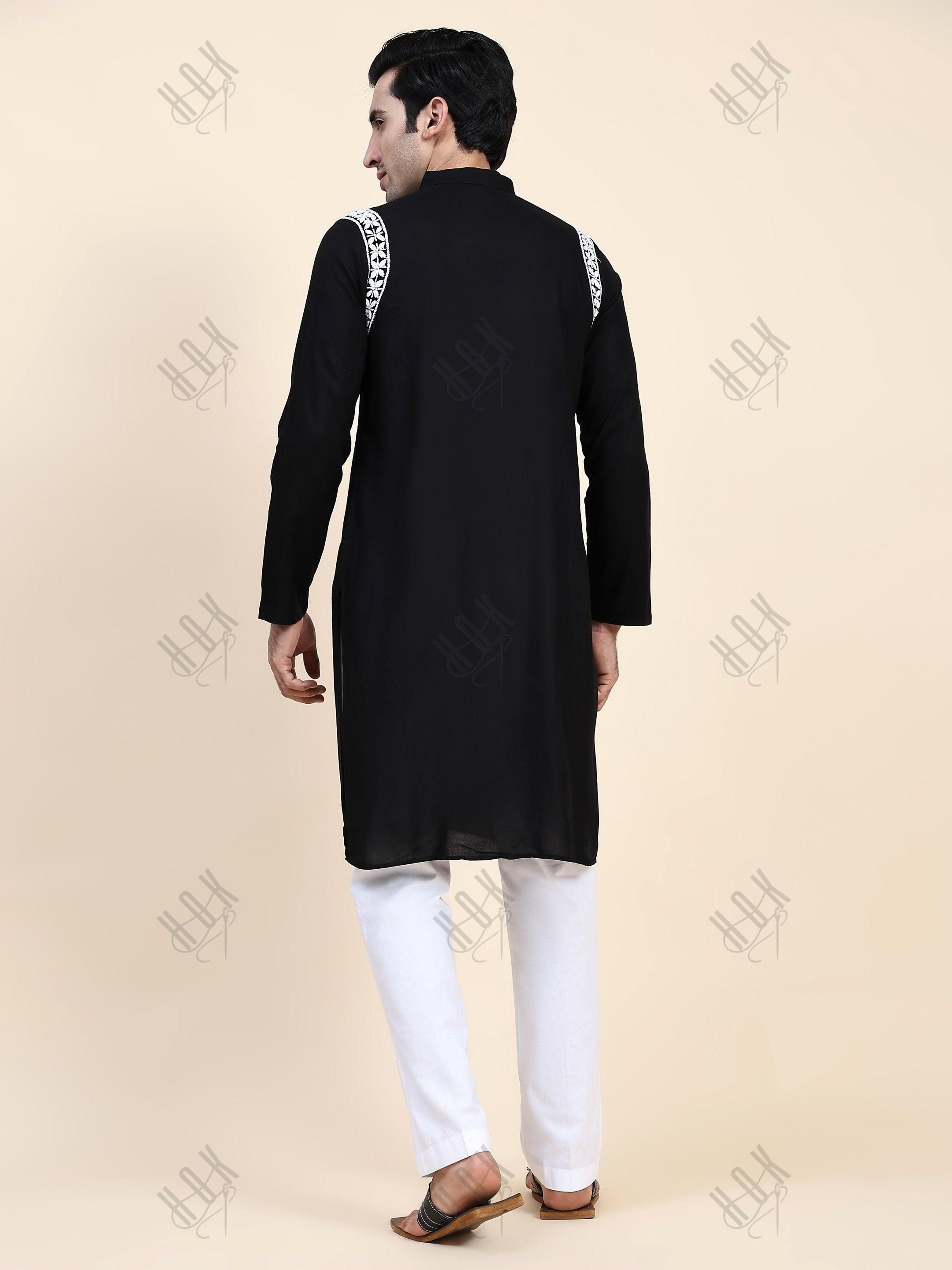 HOK Men's Chikankari Kurta in Rayon Cotton - Black - House Of Kari (Chikankari Clothing)