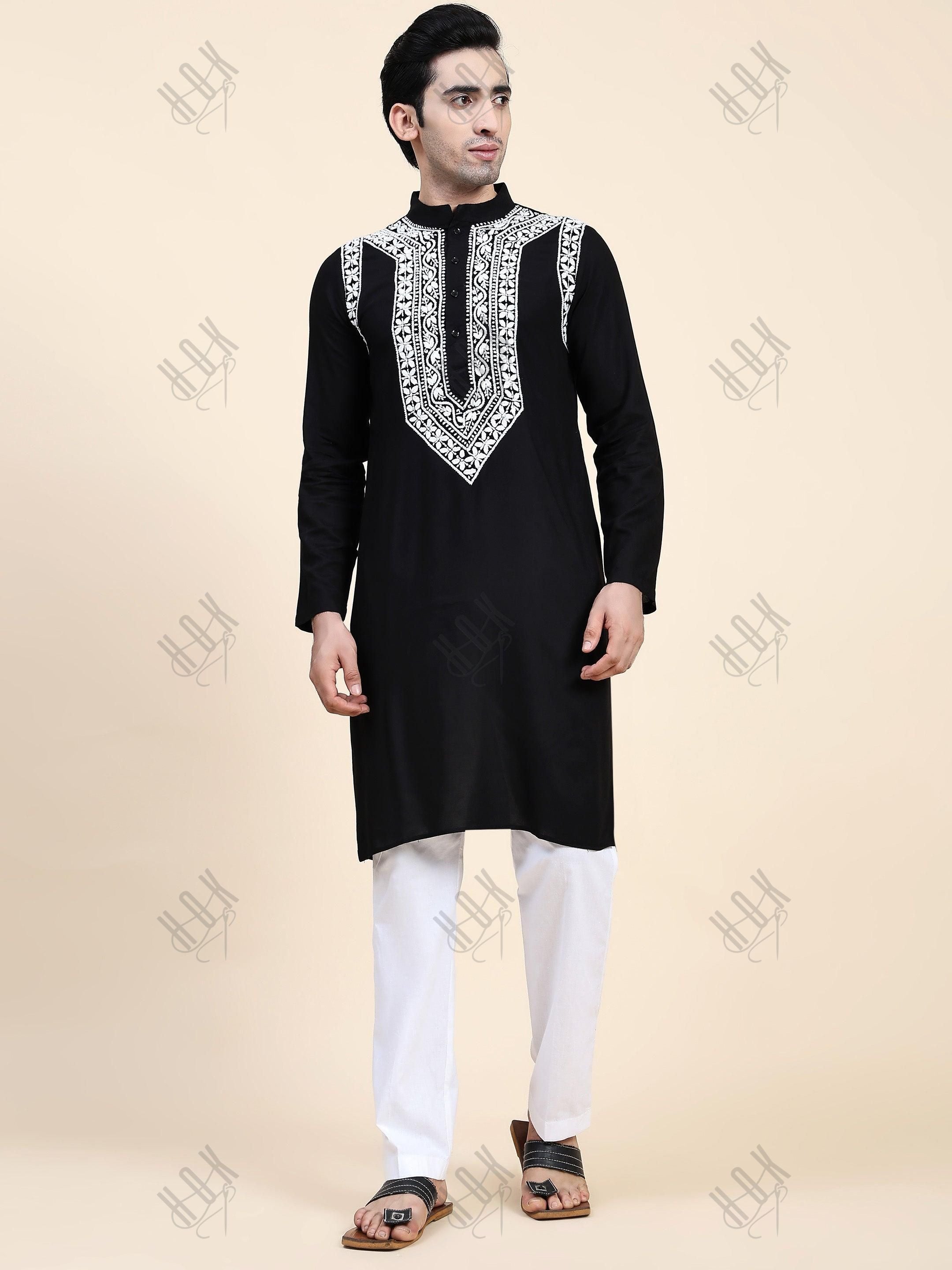 HOK Men's Chikankari Kurta in Rayon Cotton - Black - House Of Kari (Chikankari Clothing)