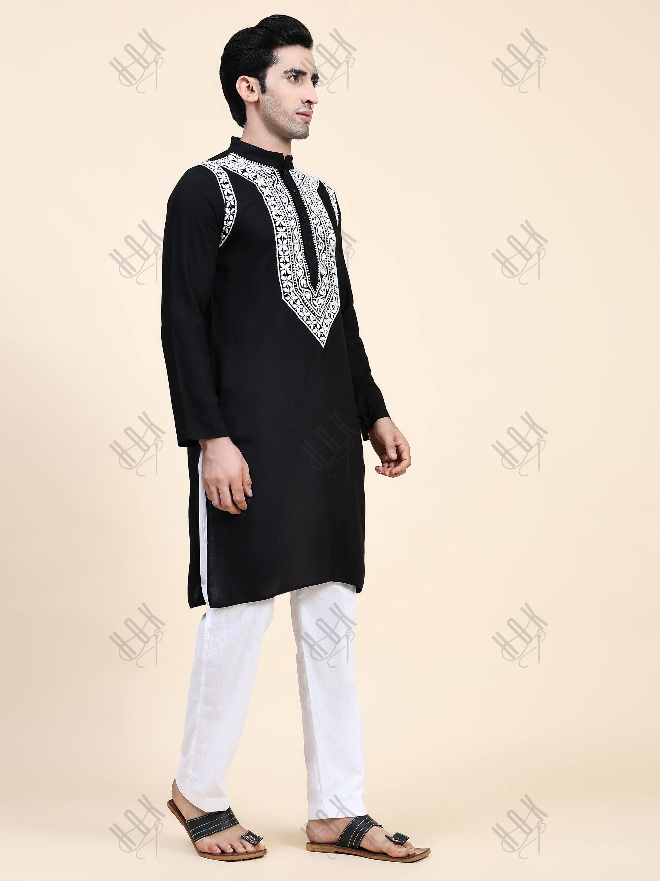 HOK Men's Chikankari Kurta in Rayon Cotton - Black - House Of Kari (Chikankari Clothing)