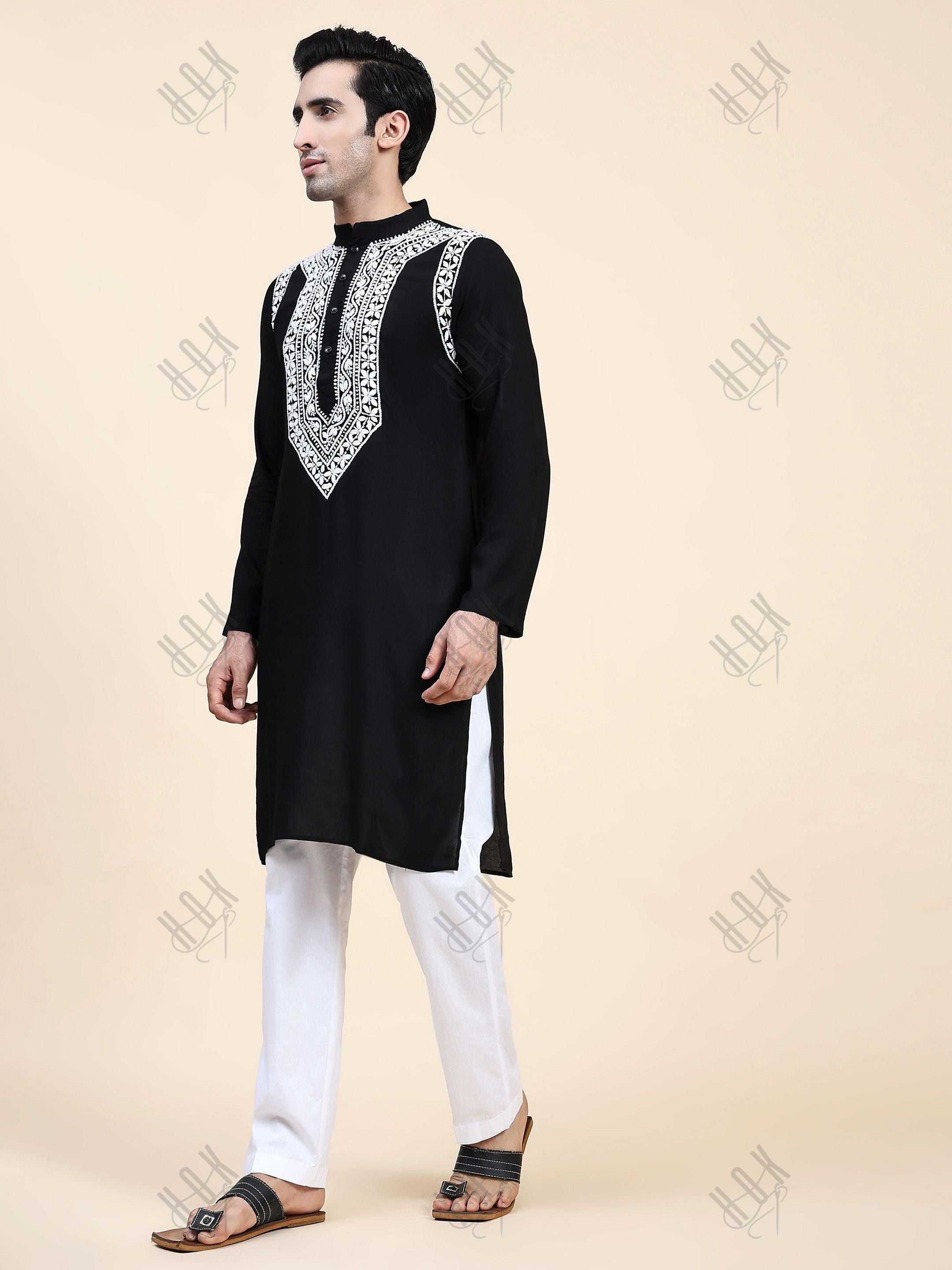 HOK Men's Chikankari Kurta in Rayon Cotton - Black - House Of Kari (Chikankari Clothing)