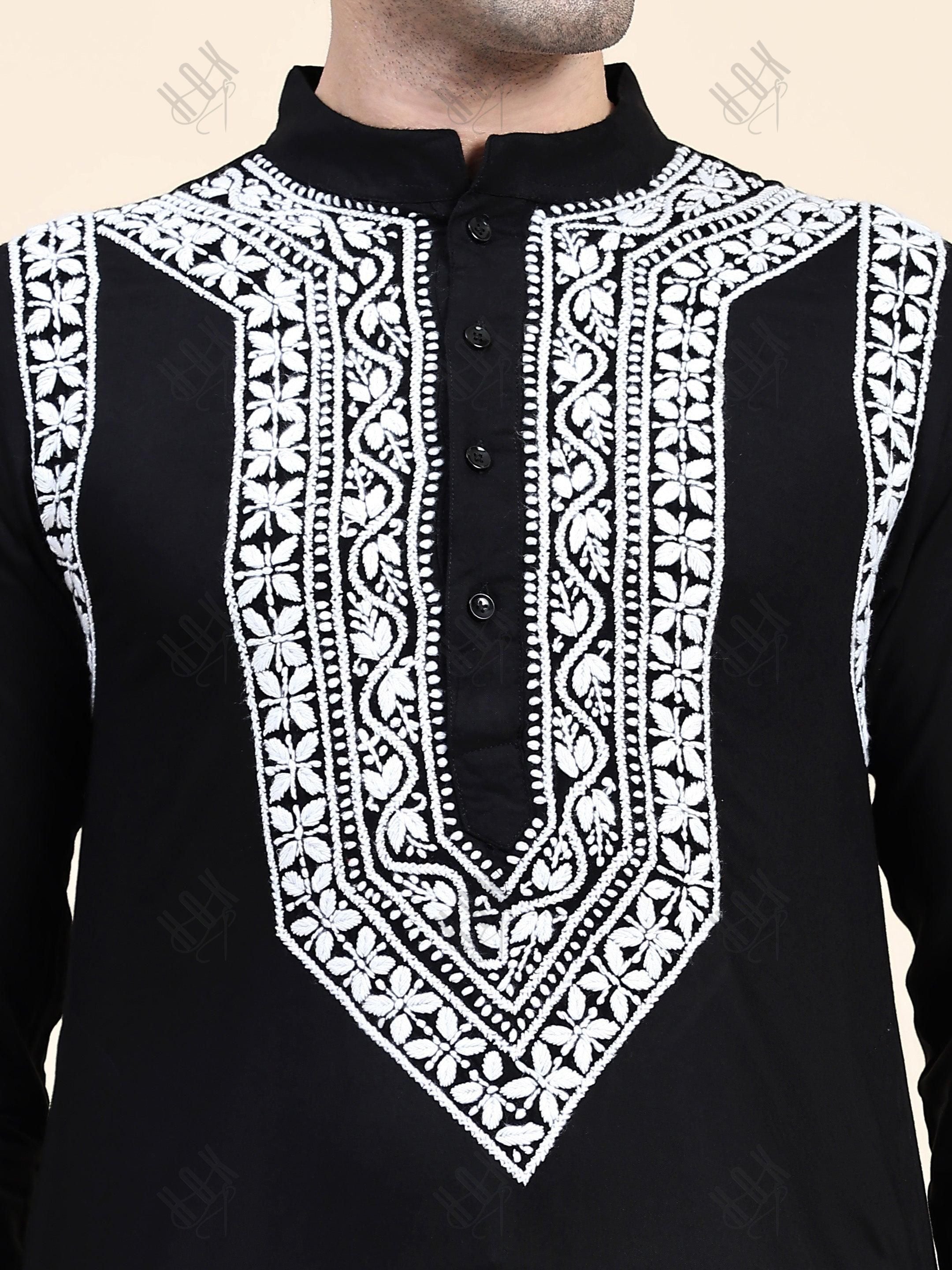 HOK Men's Chikankari Kurta in Rayon Cotton - Black - House Of Kari (Chikankari Clothing)