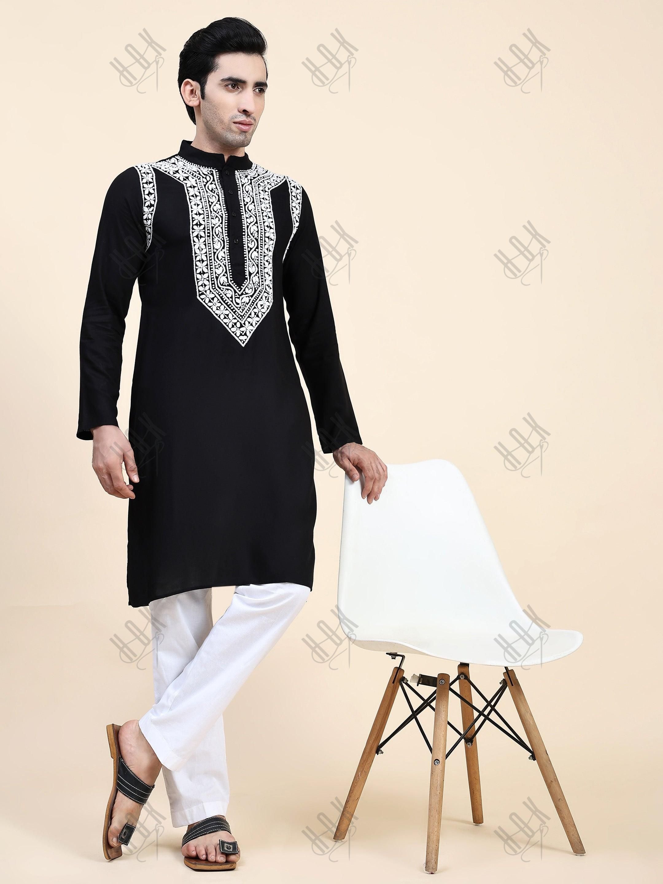 HOK Men's Chikankari Kurta in Rayon Cotton - Black - House Of Kari (Chikankari Clothing)