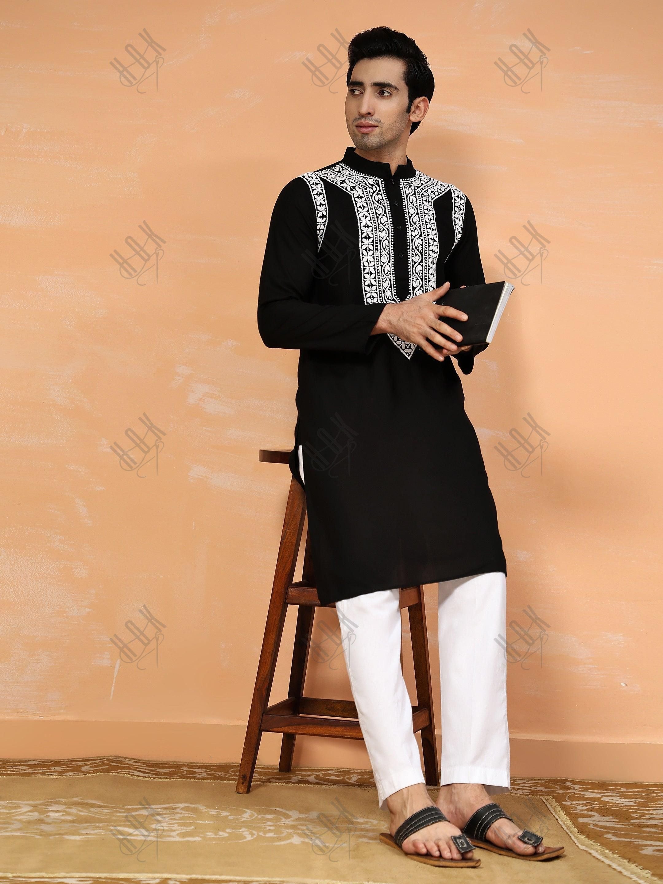 HOK Men's Chikankari Kurta in Rayon Cotton - Black - House Of Kari (Chikankari Clothing)